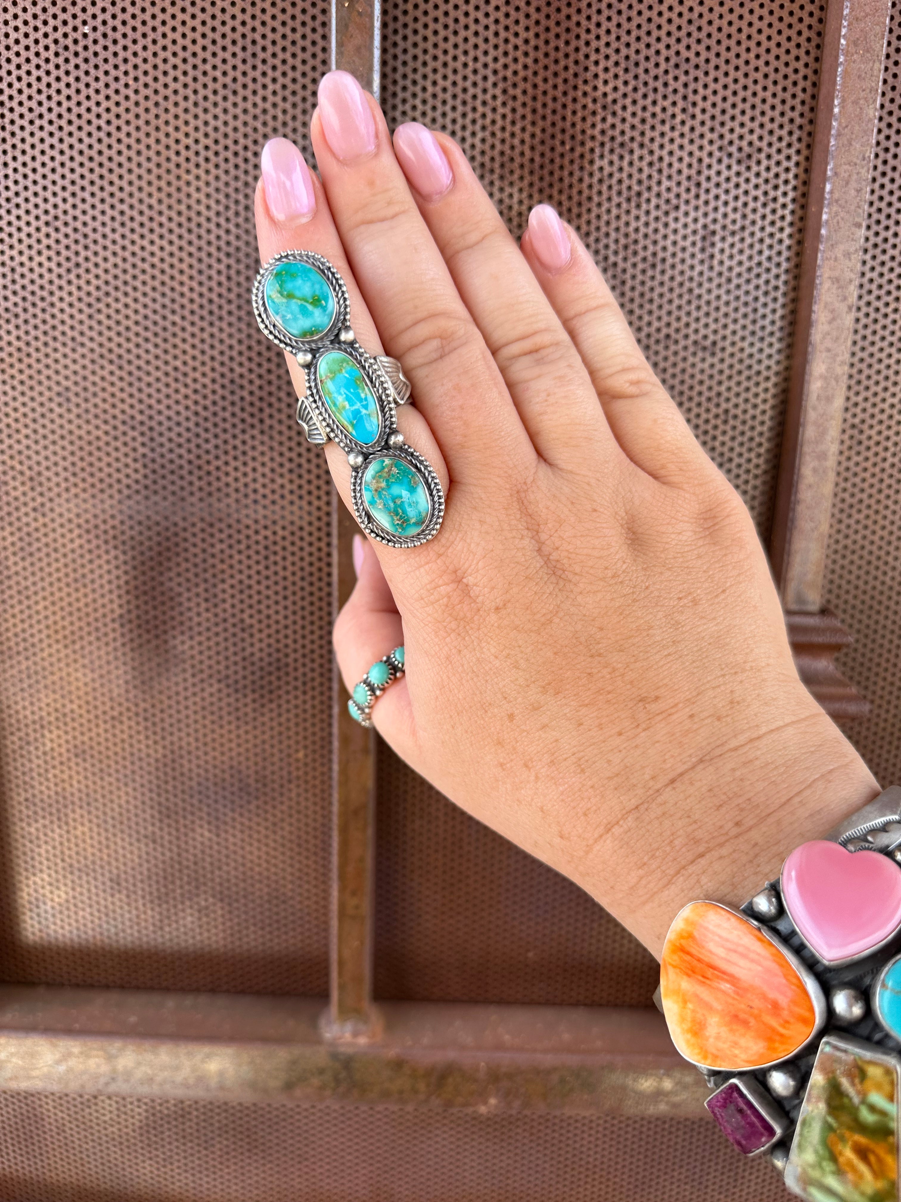 Navajo Sonoran Gold Turquoise & Sterling Silver 3 Stone Ring Size 8.5 Signed