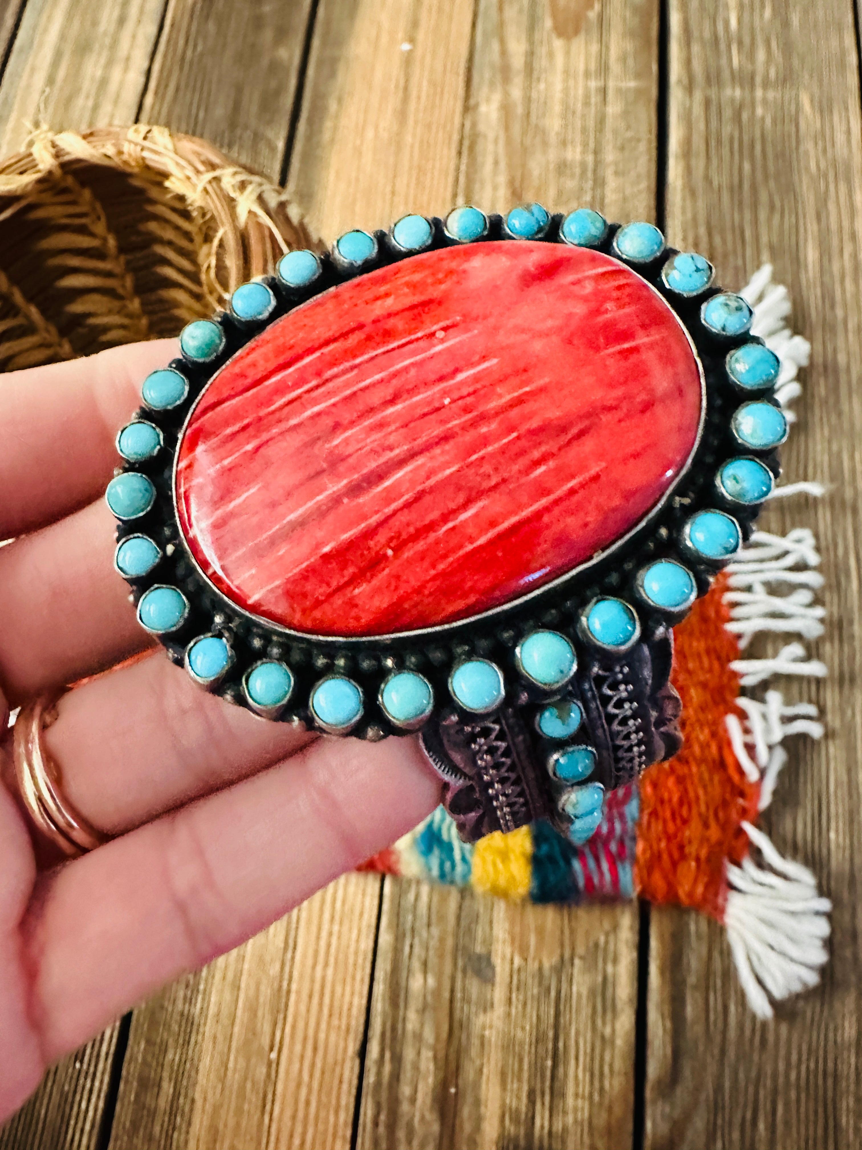 Handcrafted Spiny, Turquoise & Sterling Silver Cuff Bracelet by Shawn Cayatineto