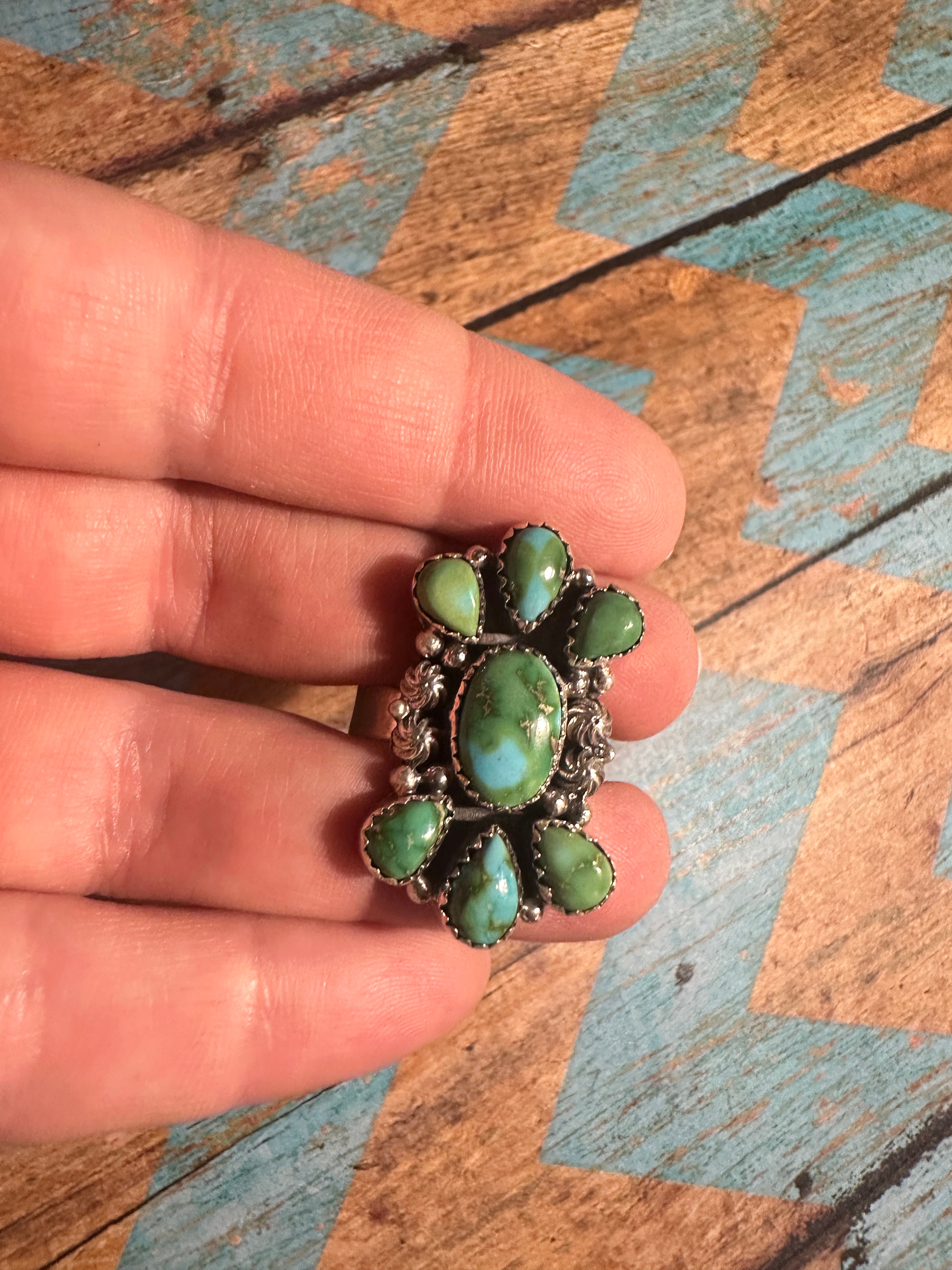 Beautiful Handmade Sonoran Turquoise And Sterling Silver Adjustable Ring MORE GREENS