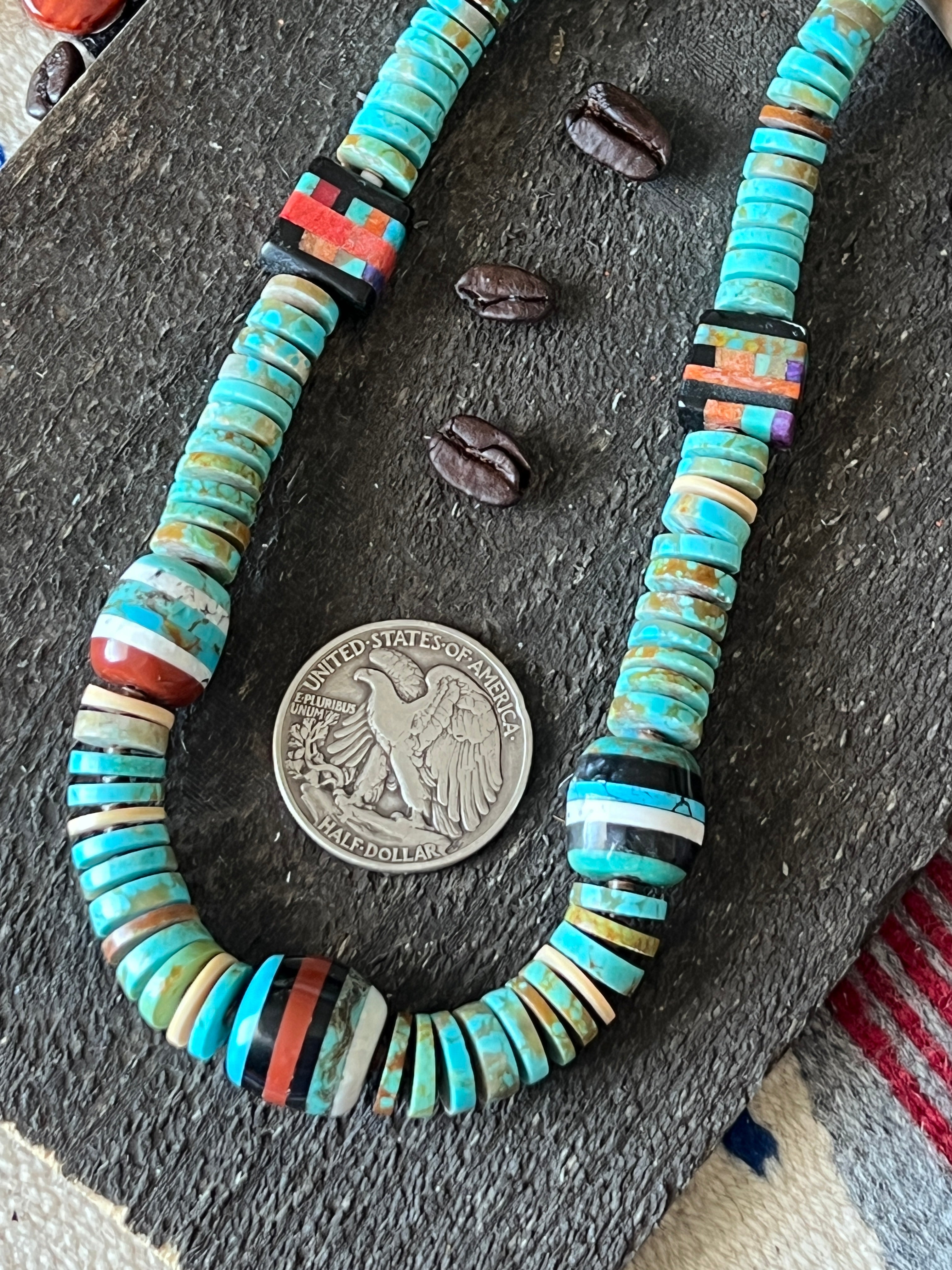 Ronald Chavez Handcrafted Turquoise Heishi Beaded Santo Domingo Necklace with Layered Bead Accents