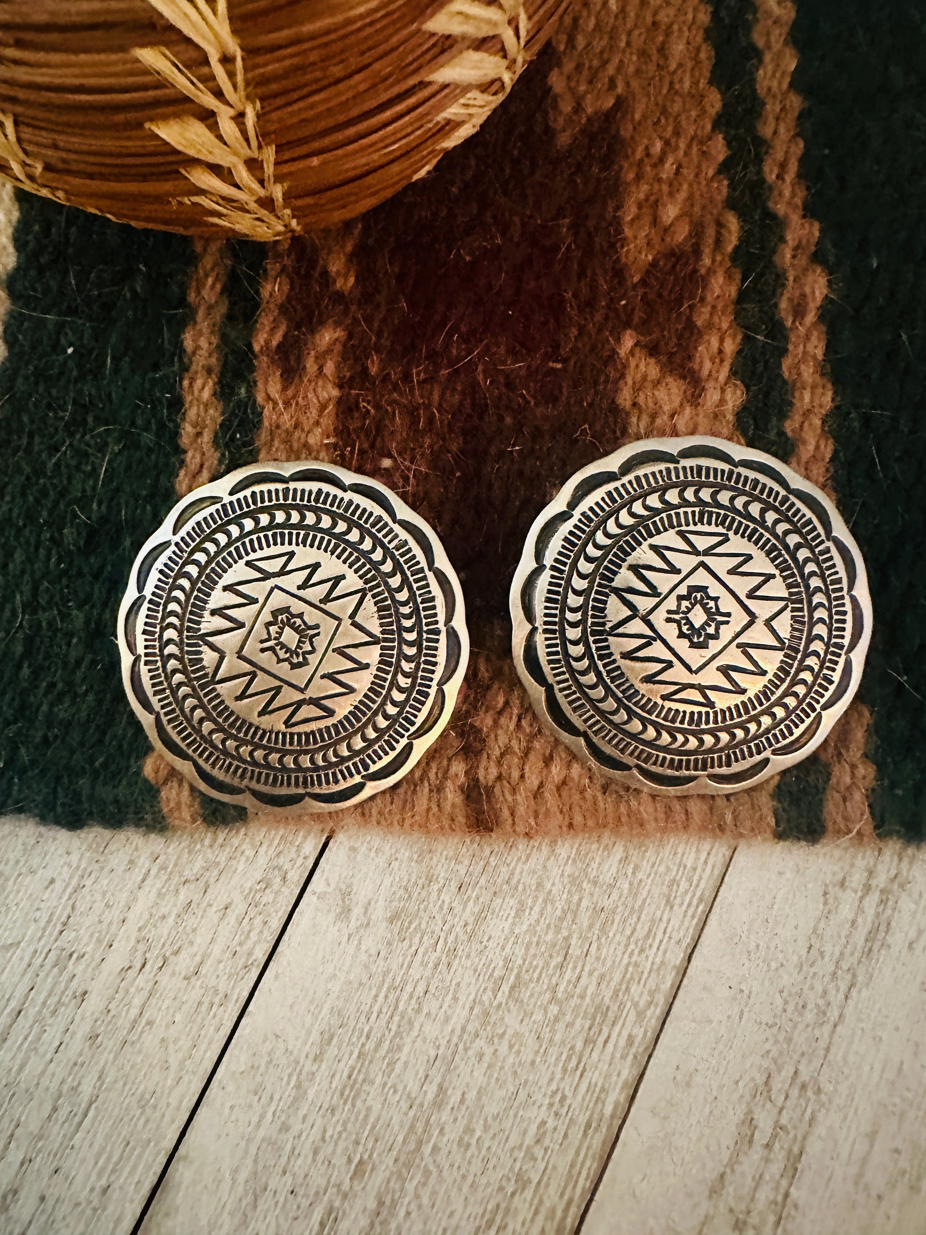 Navajo Hand Stamped Sterling Silver Concho Post Earrings