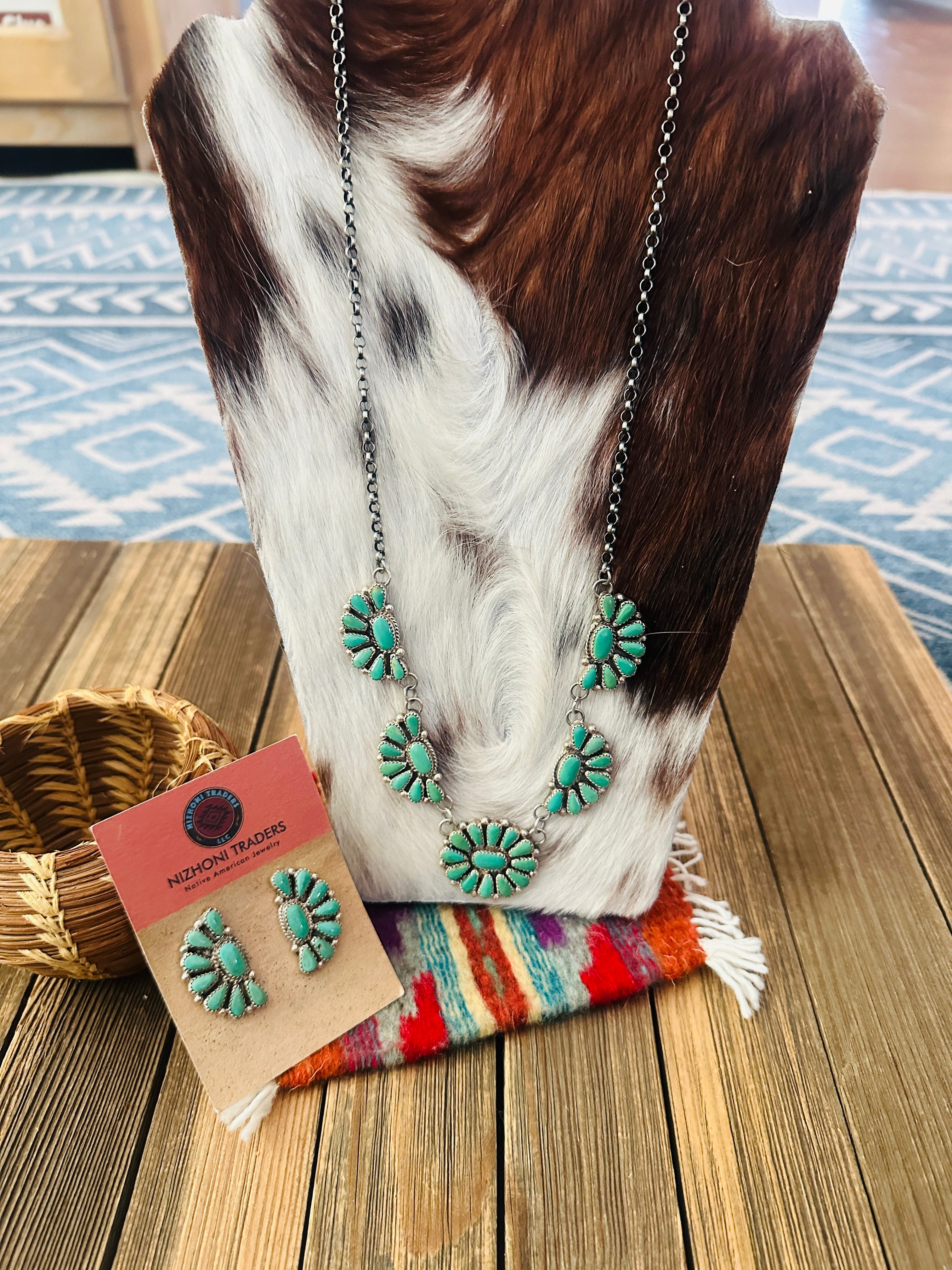 Handcrafted Turquoise & Sterling Silver Cluster Necklace and Earring Set