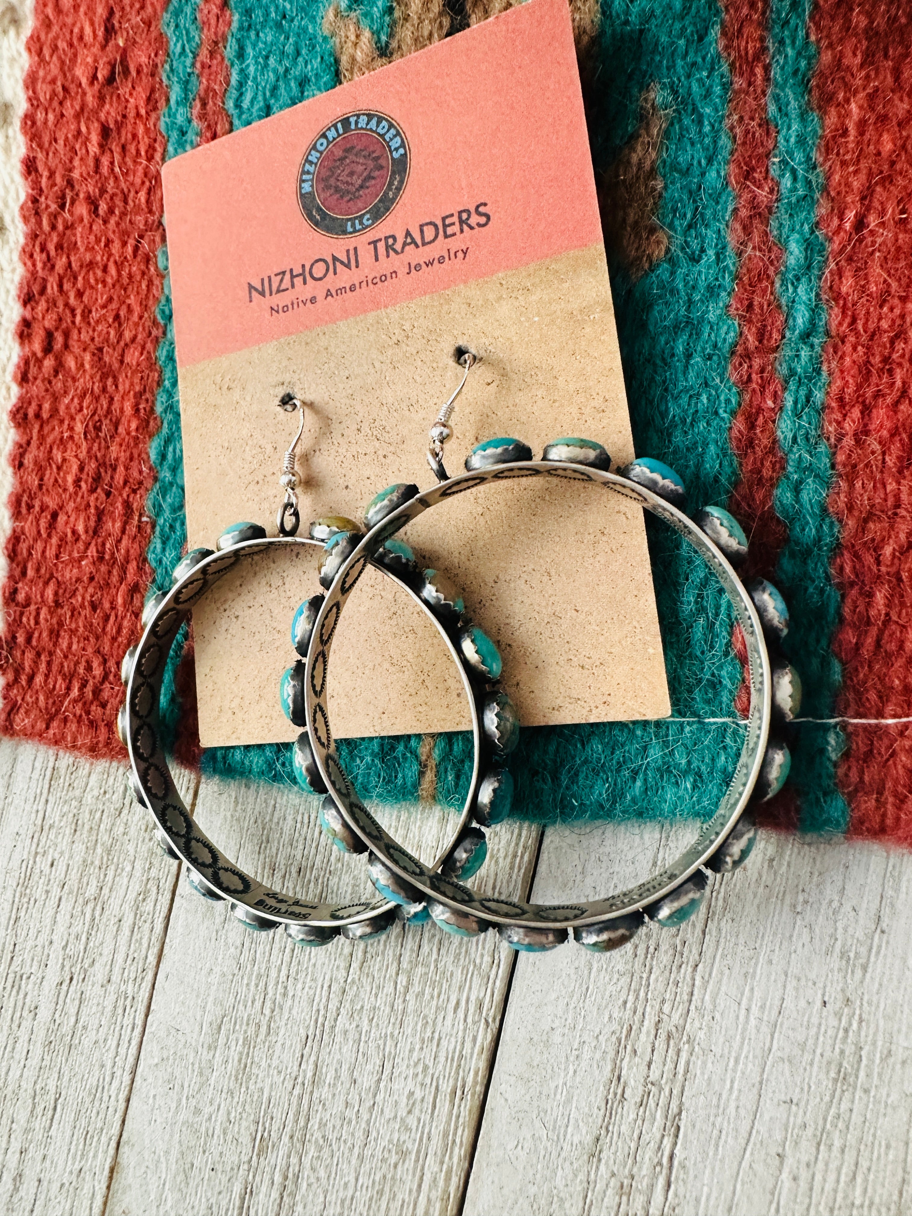 Navajo Turquoise & Sterling Silver Dangle Hoop Earrings by Lerry James