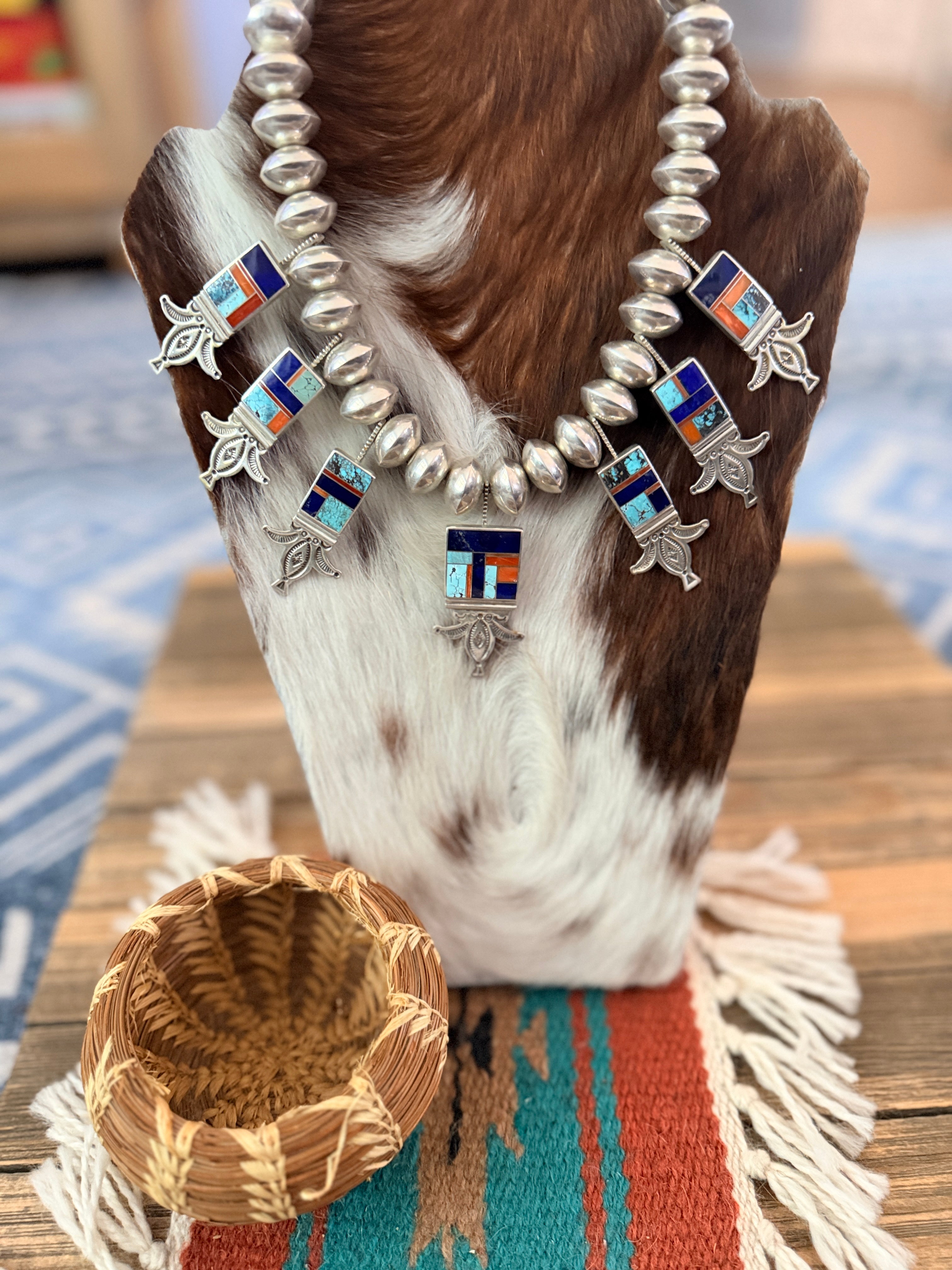 Handcrafted Sterling Silver & Multi Stone Inlay Beaded Necklace