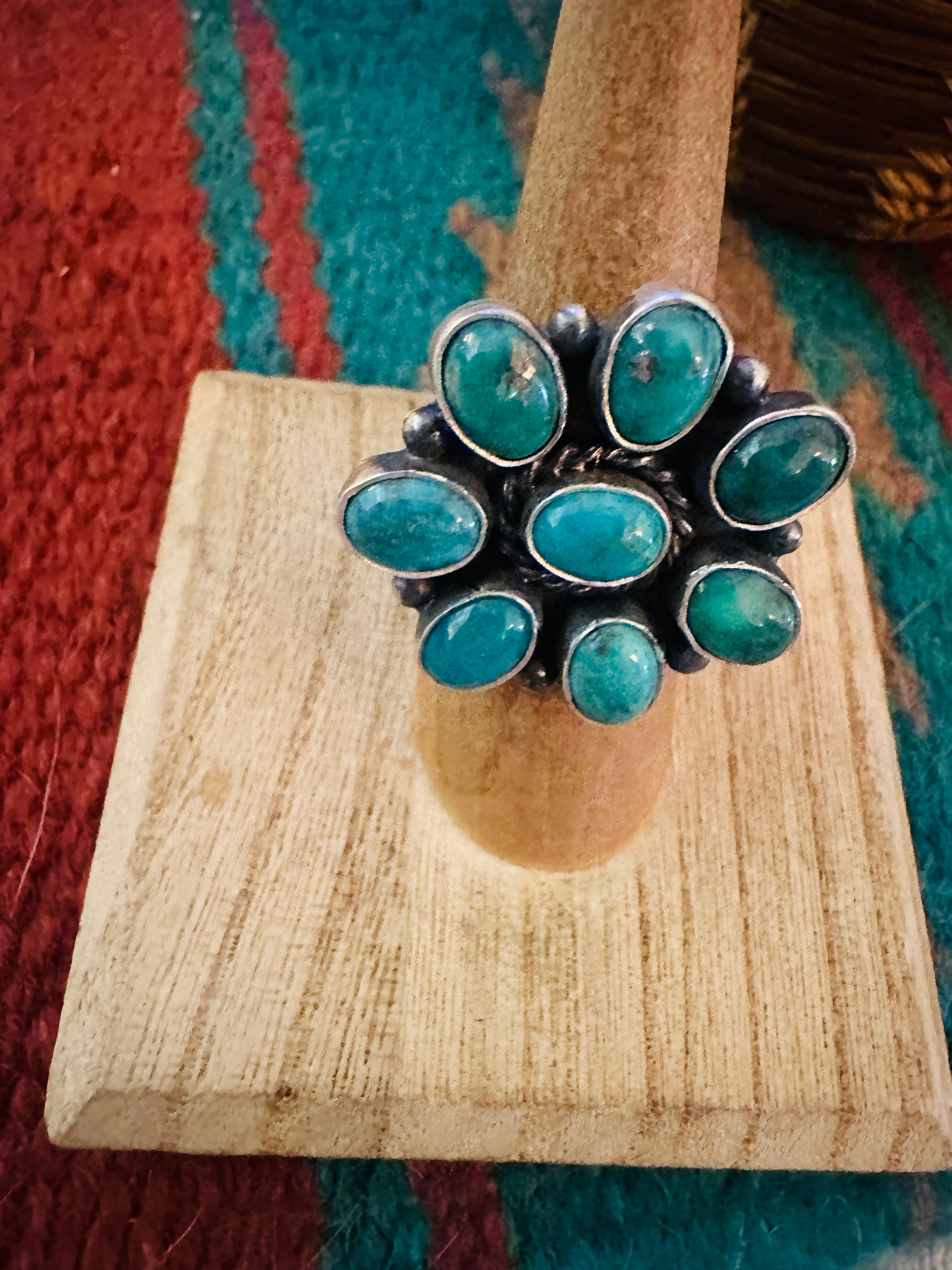 Navajo Sterling Silver & Turquoise Cluster Adjustable Ring