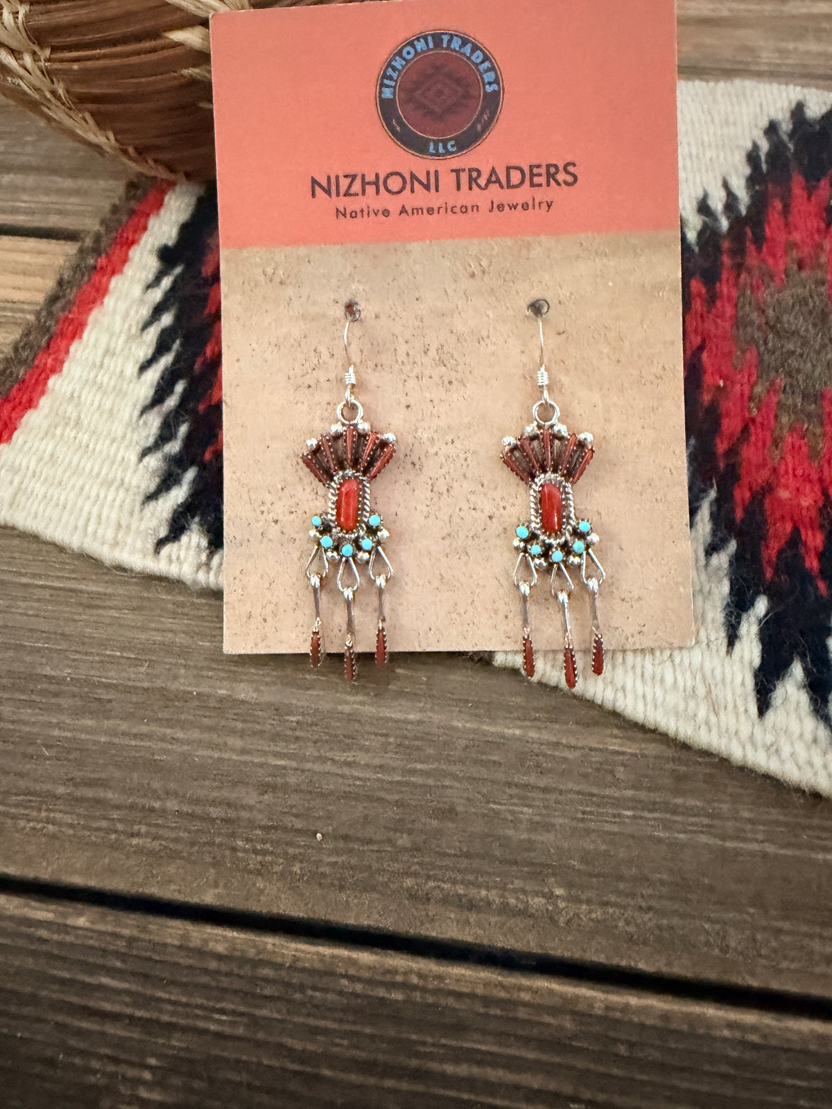 Handcrafted Coral, Turquoise & Sterling Silver Needlepoint Dangle Earrings