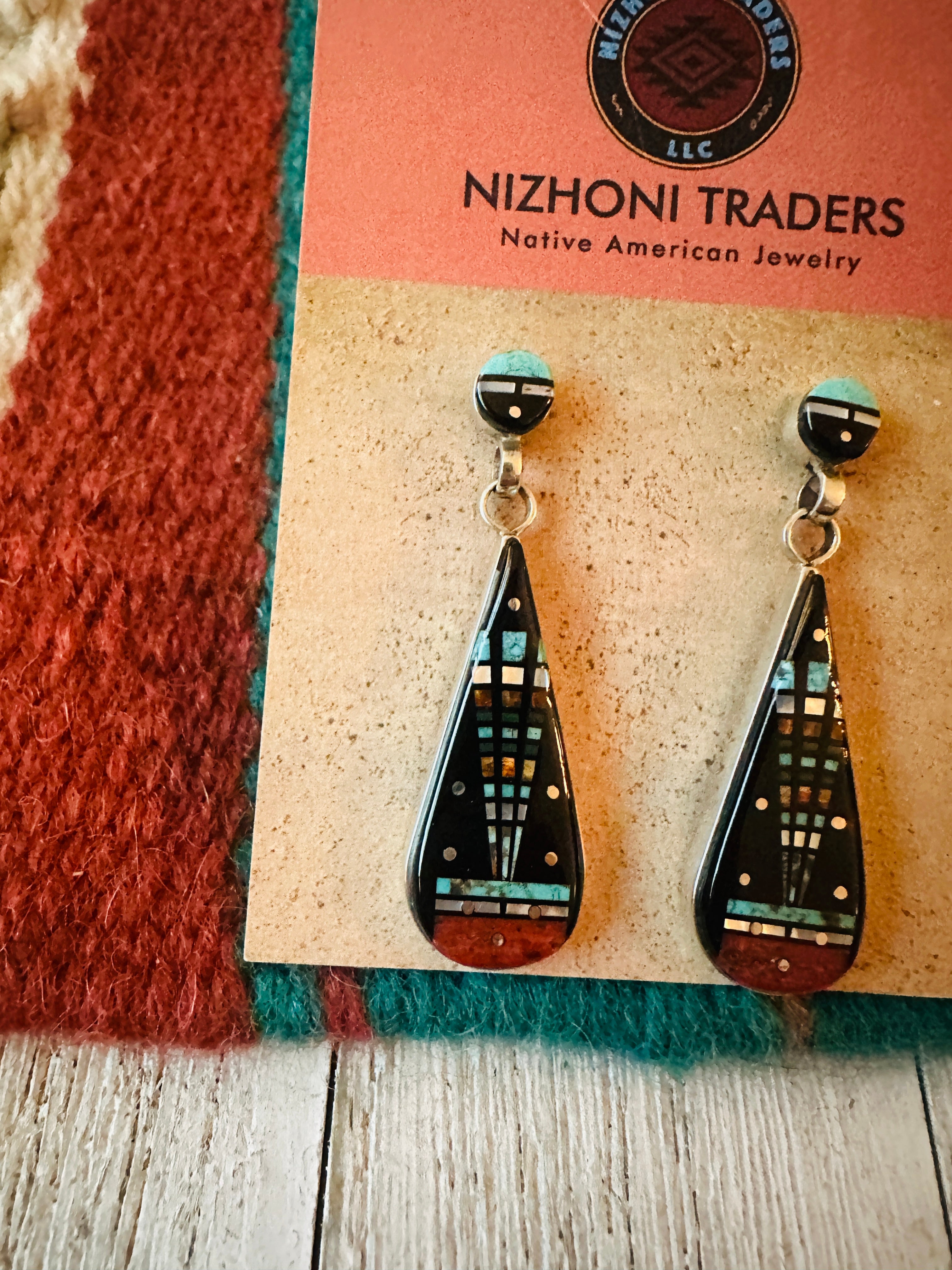 Navajo Sterling Silver & Multi Stone Inlay Dangle Earrings