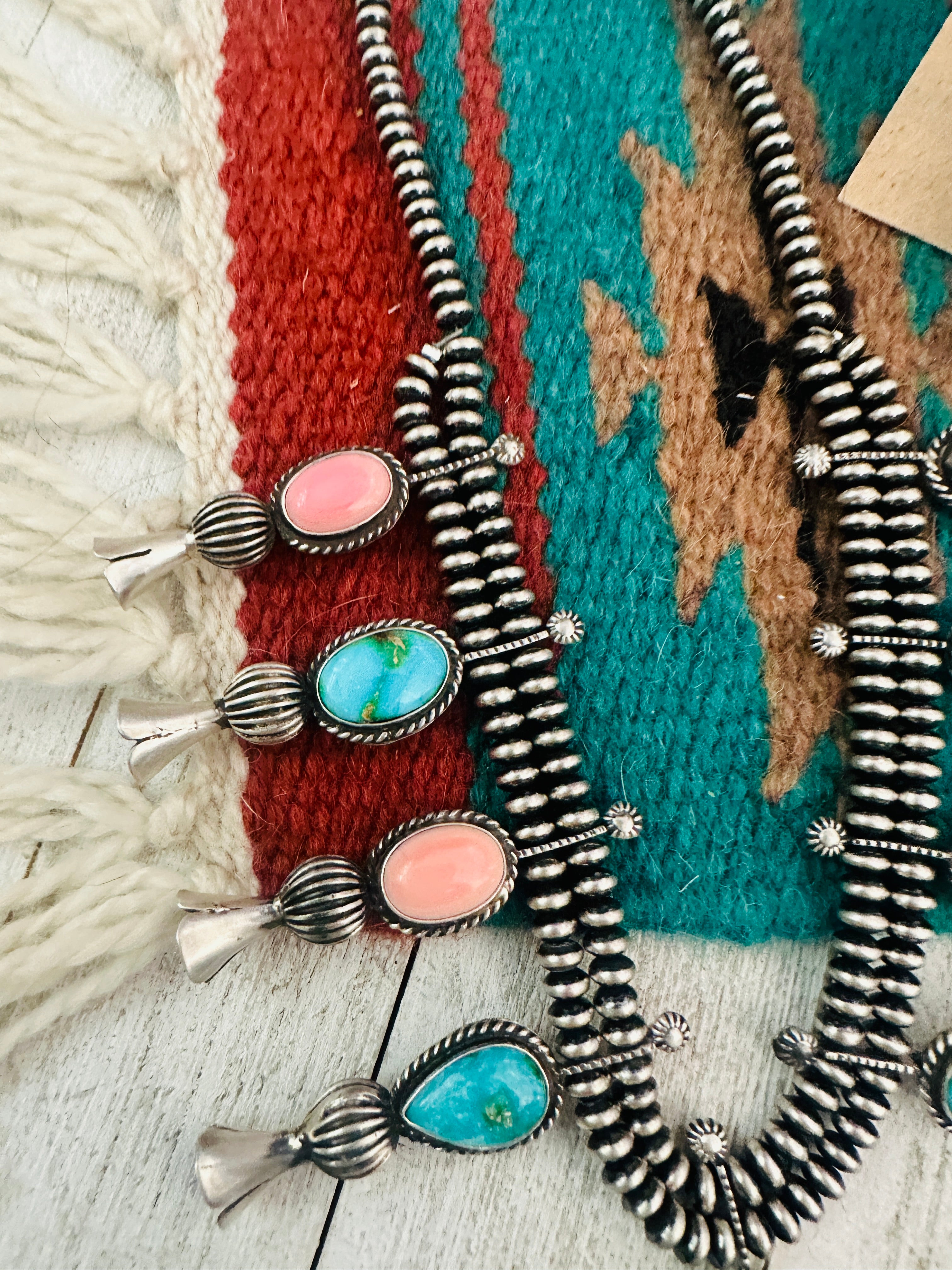 Navajo Turquoise, Pink Conch & Sterling Silver Necklace Set by Russell Sam