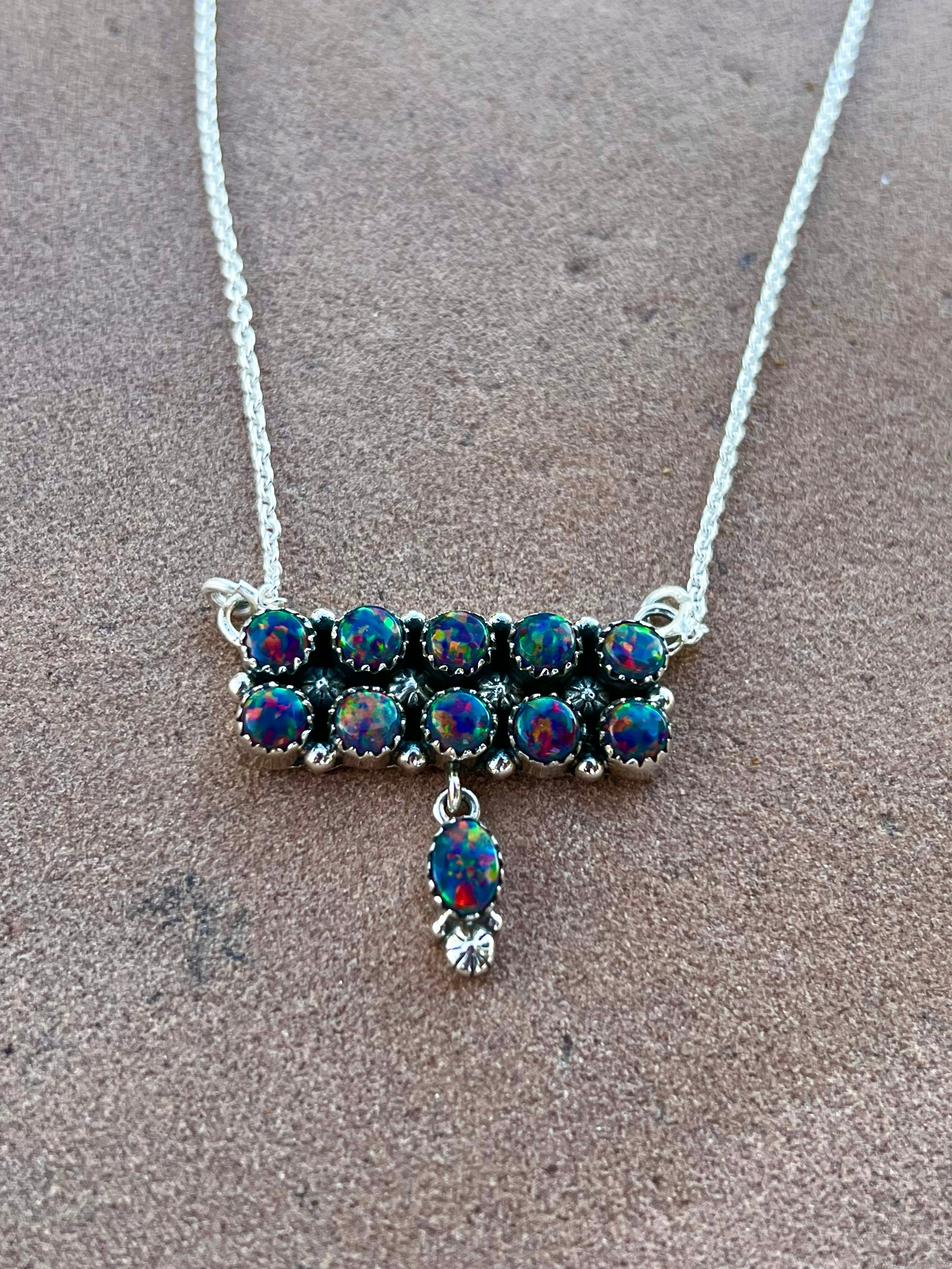 Handmade Sterling Silver & Fire Blue Opal Tear Drop Dangle, Bar Necklace