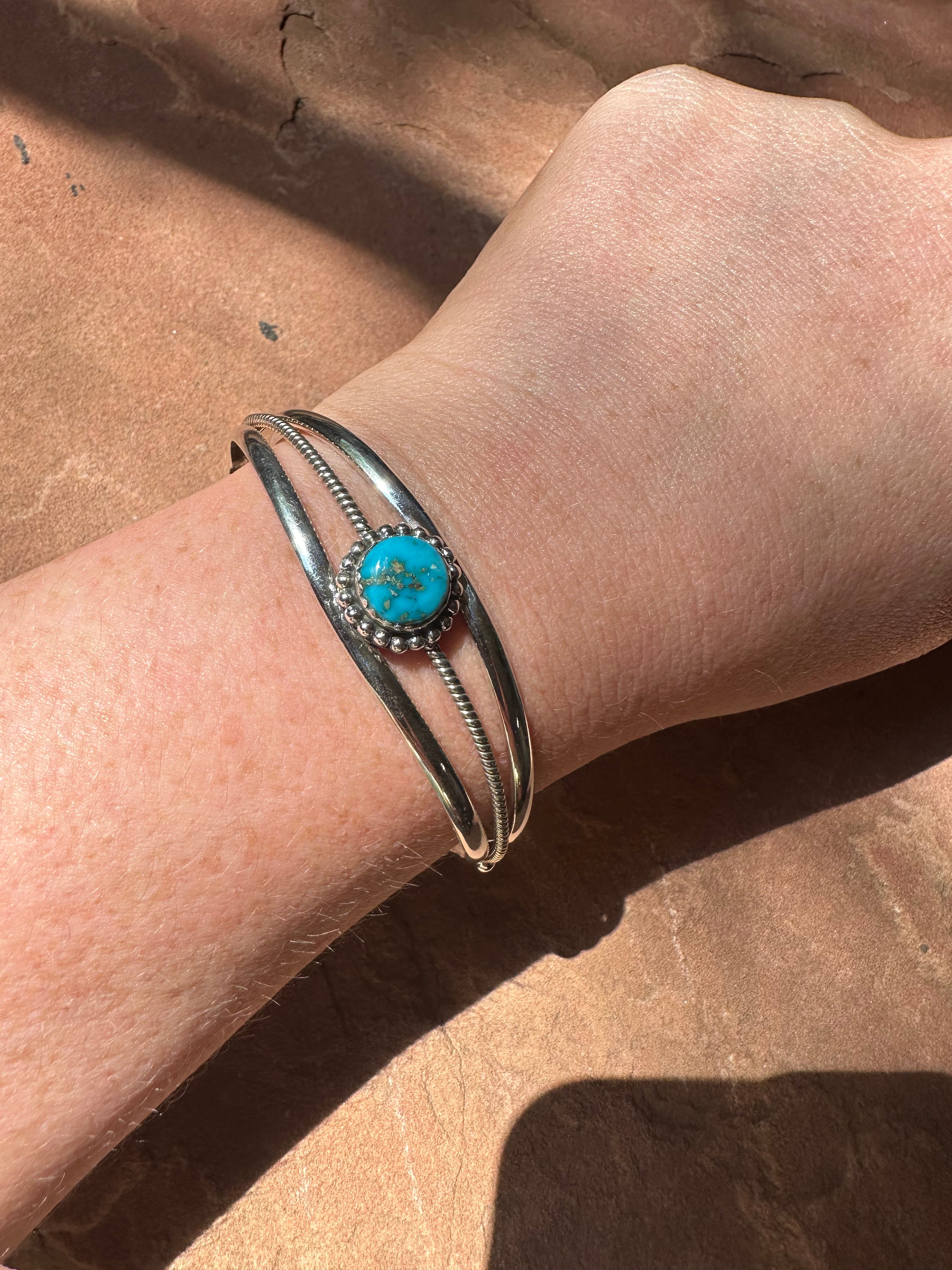 Handmade Sterling Silver & Single Stone Turquoise Adjustable Cuff Bracelet