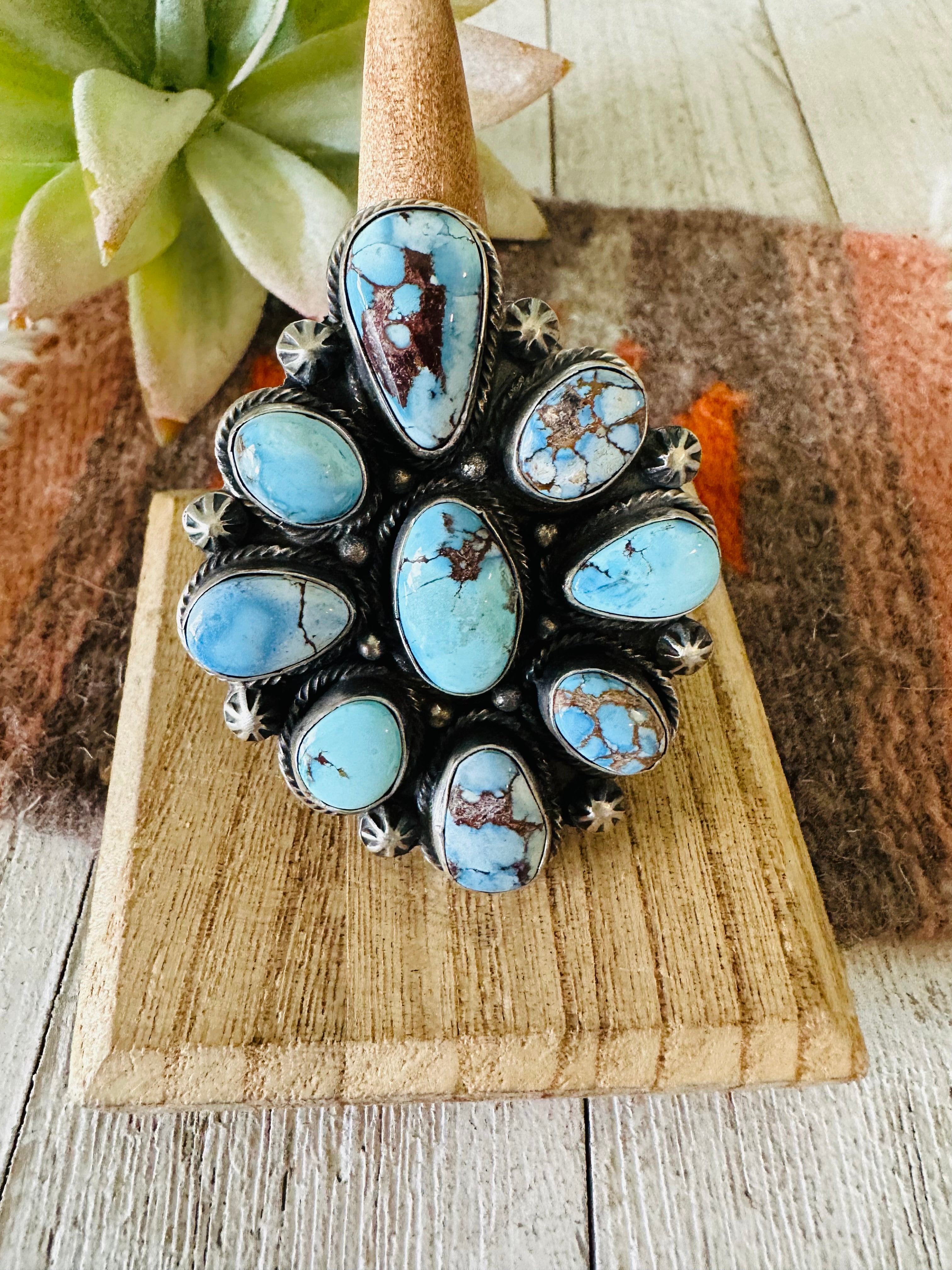 Navajo Golden Hills Turquoise & Sterling Silver Cluster Ring Size 8.5