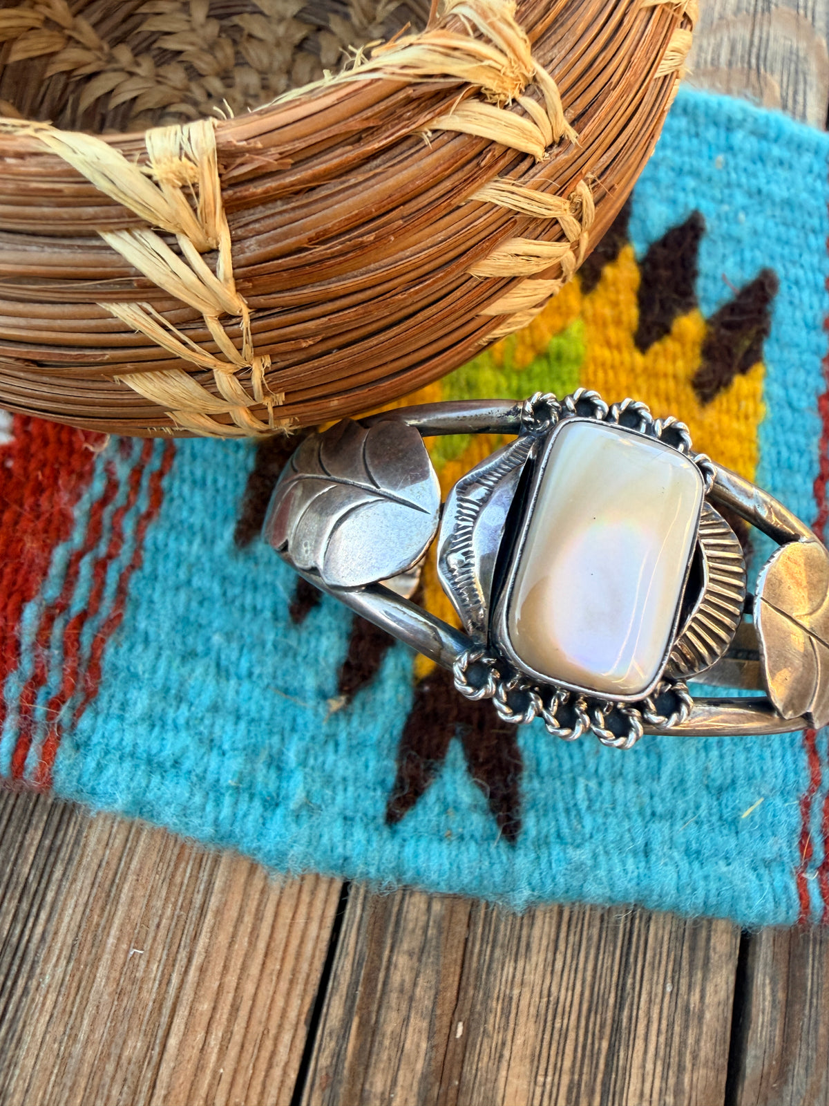Handcrafted Old Pawn Sterling Silver & Mother of Pearl Cuff Bracelet