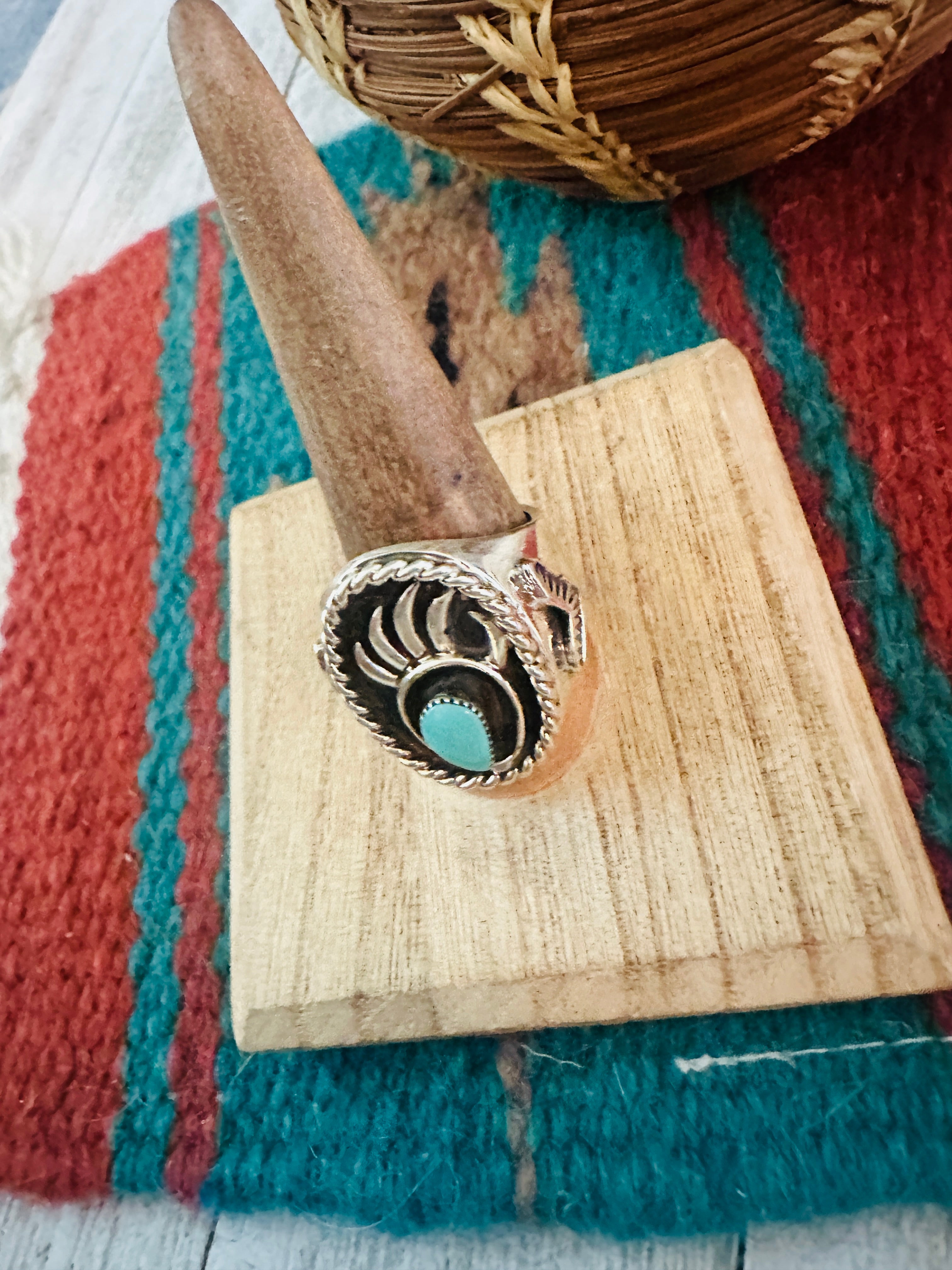 Navajo Turquoise & Sterling Silver Bear Paw Cigar Band Ring Size 11