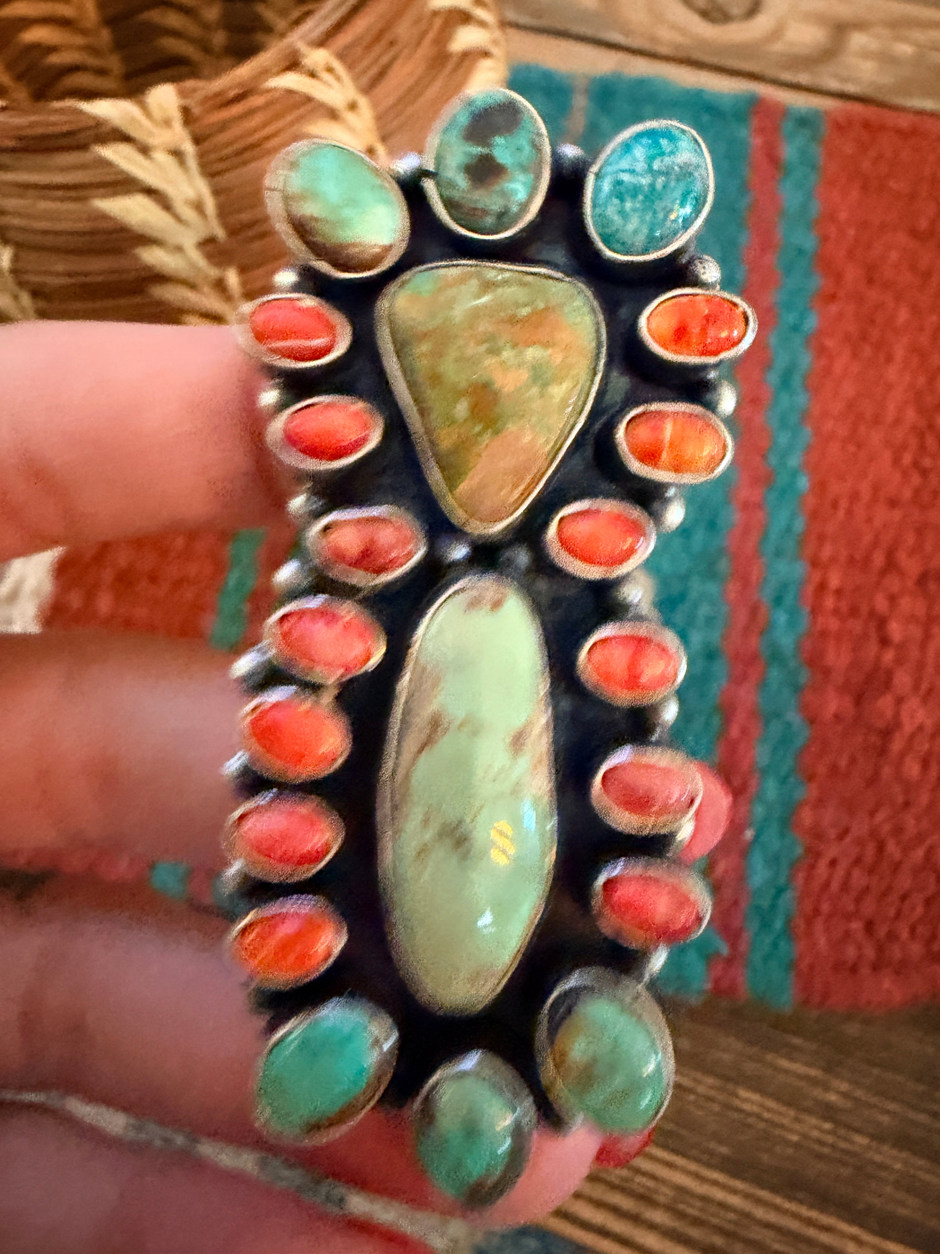 Handcrafted Spiny Oyster, Turquoise & Sterling Silver Cluster Ring by Sheila Becenti Size 10