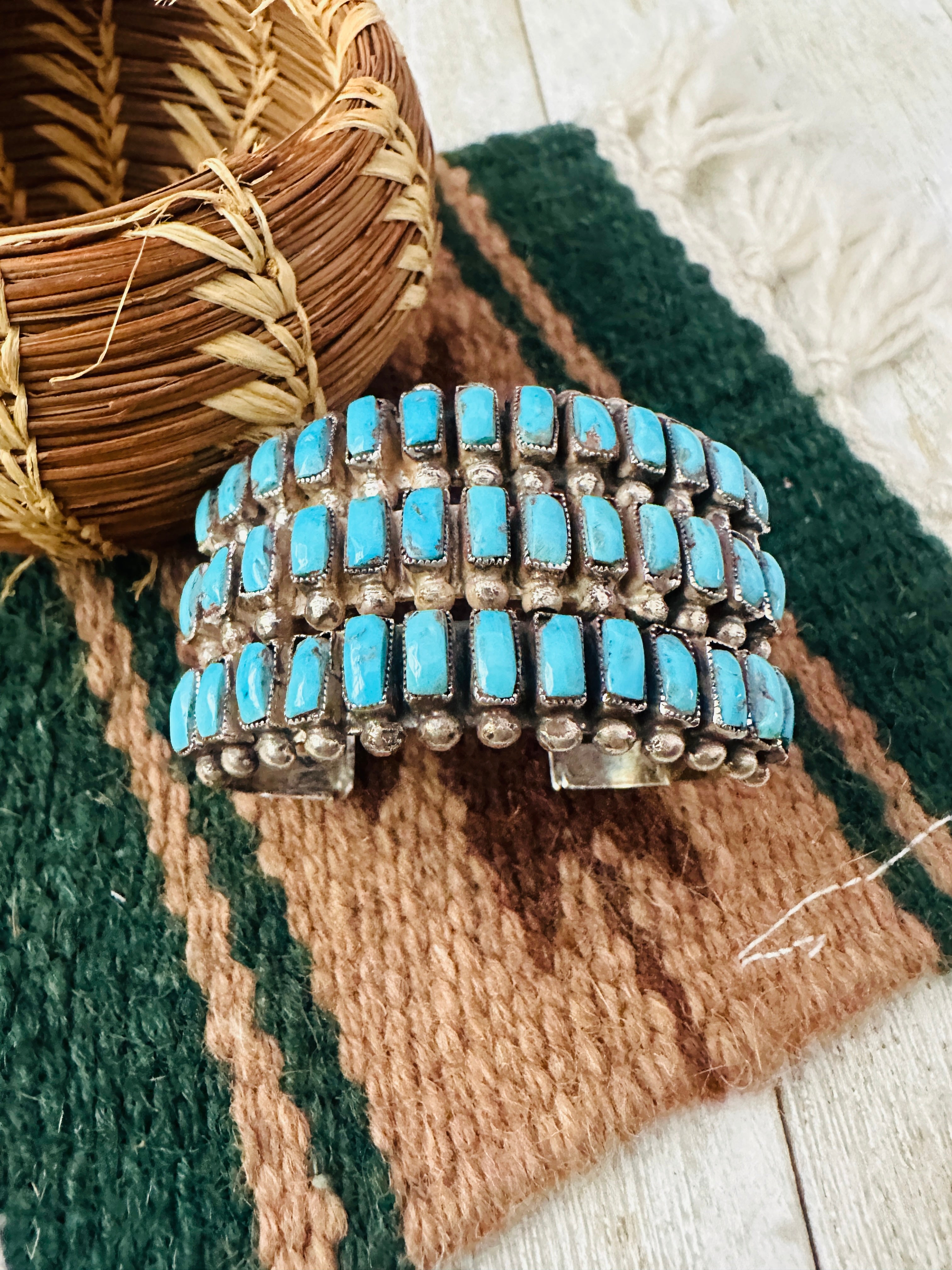 Handcrafted Old Pawn Turquoise & Sterling Silver Cluster Cuff Bracelet