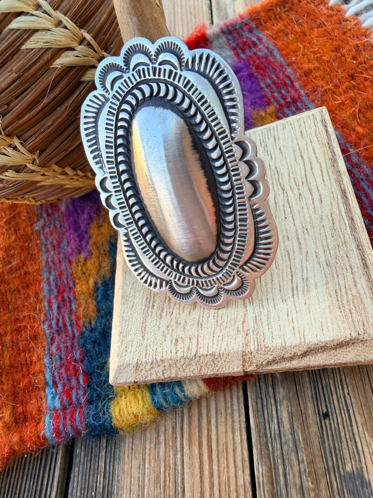 Handcrafted Sterling Silver Adjustable Concho Ring by Leander Tahe