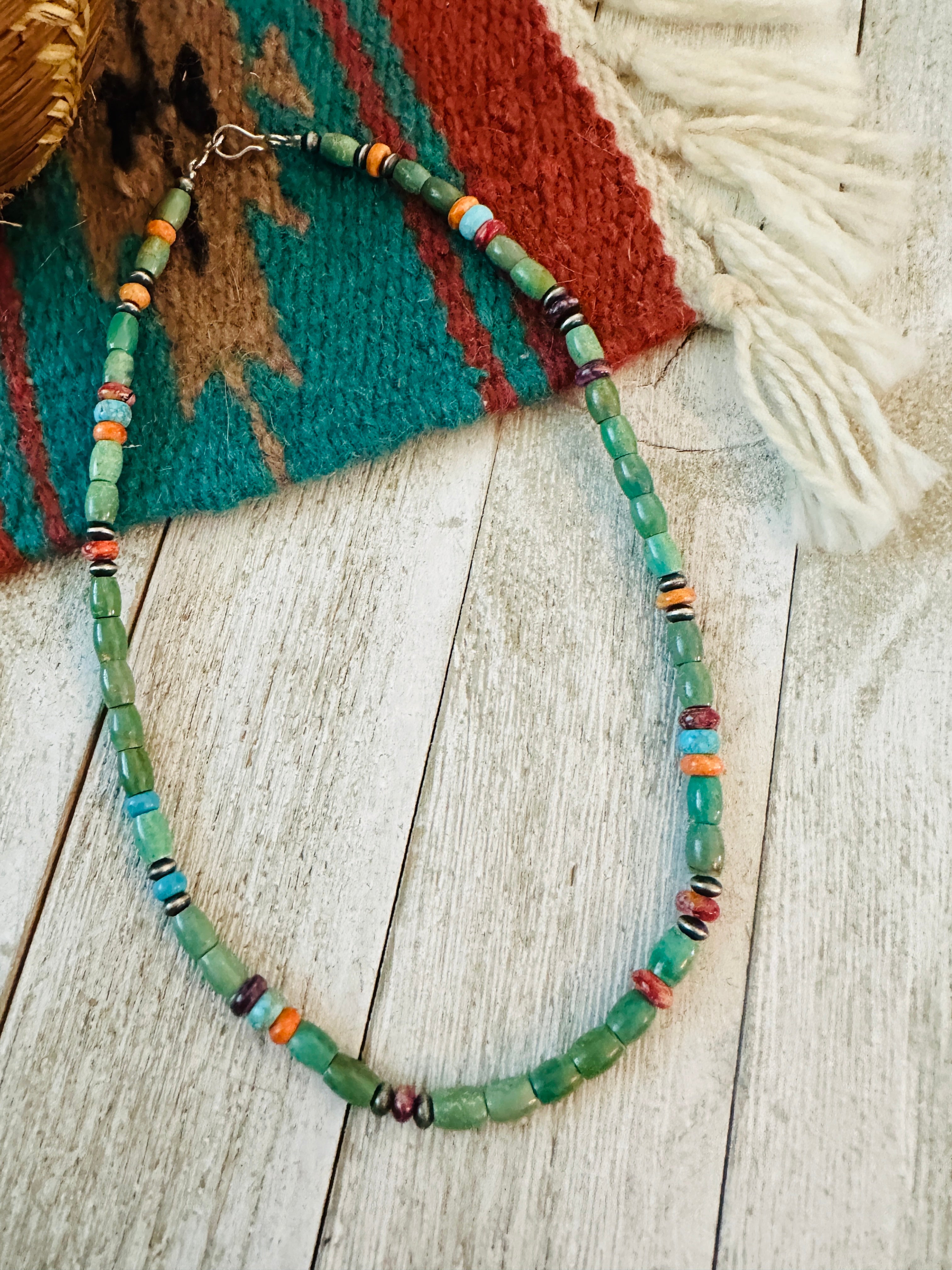 Handcrafted Turquoise, Spiny & Sterling Silver 16” Beaded Necklace