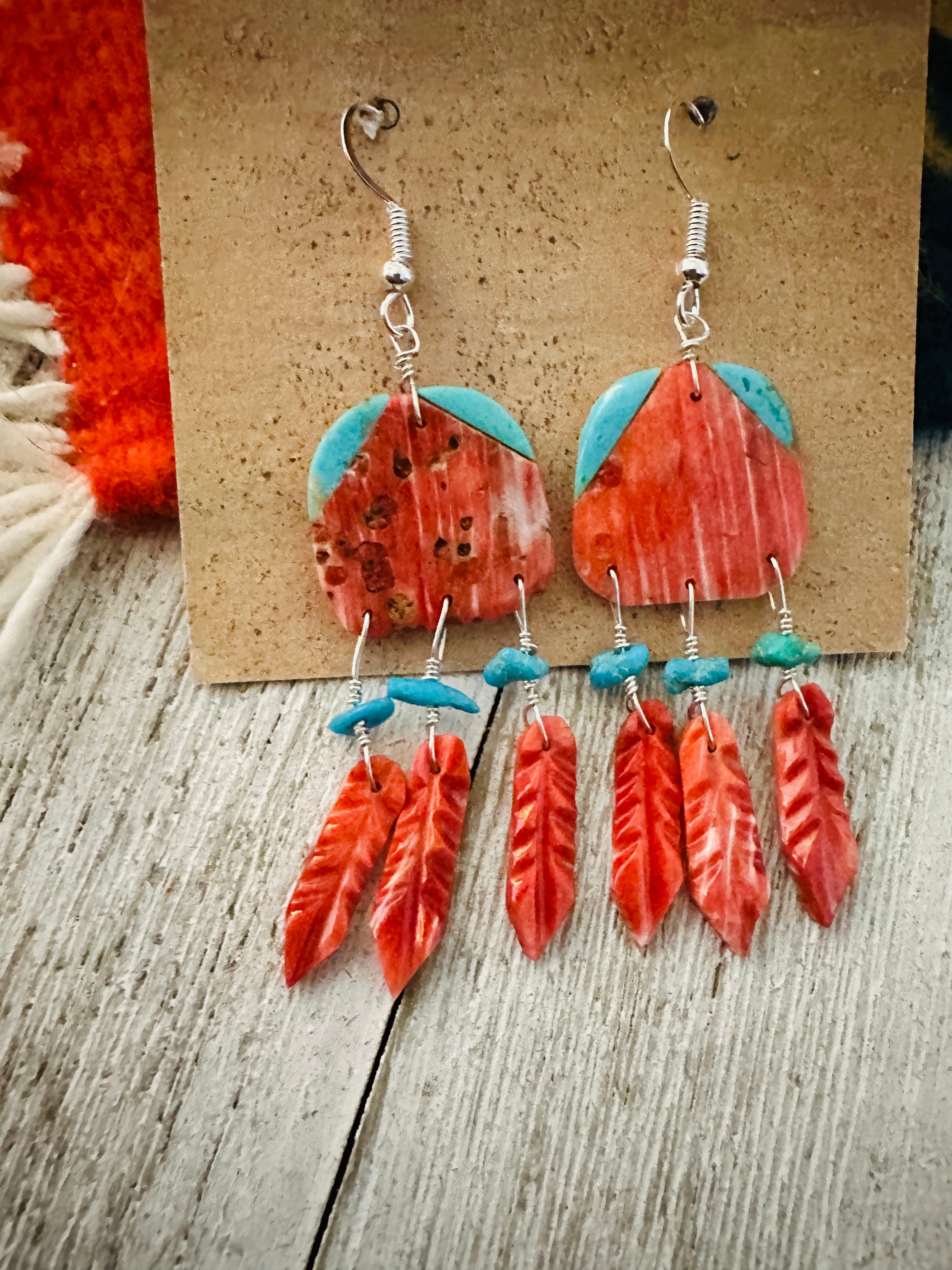 Santo Domingo Spiny & Turquoise Feather Dangle Earrings