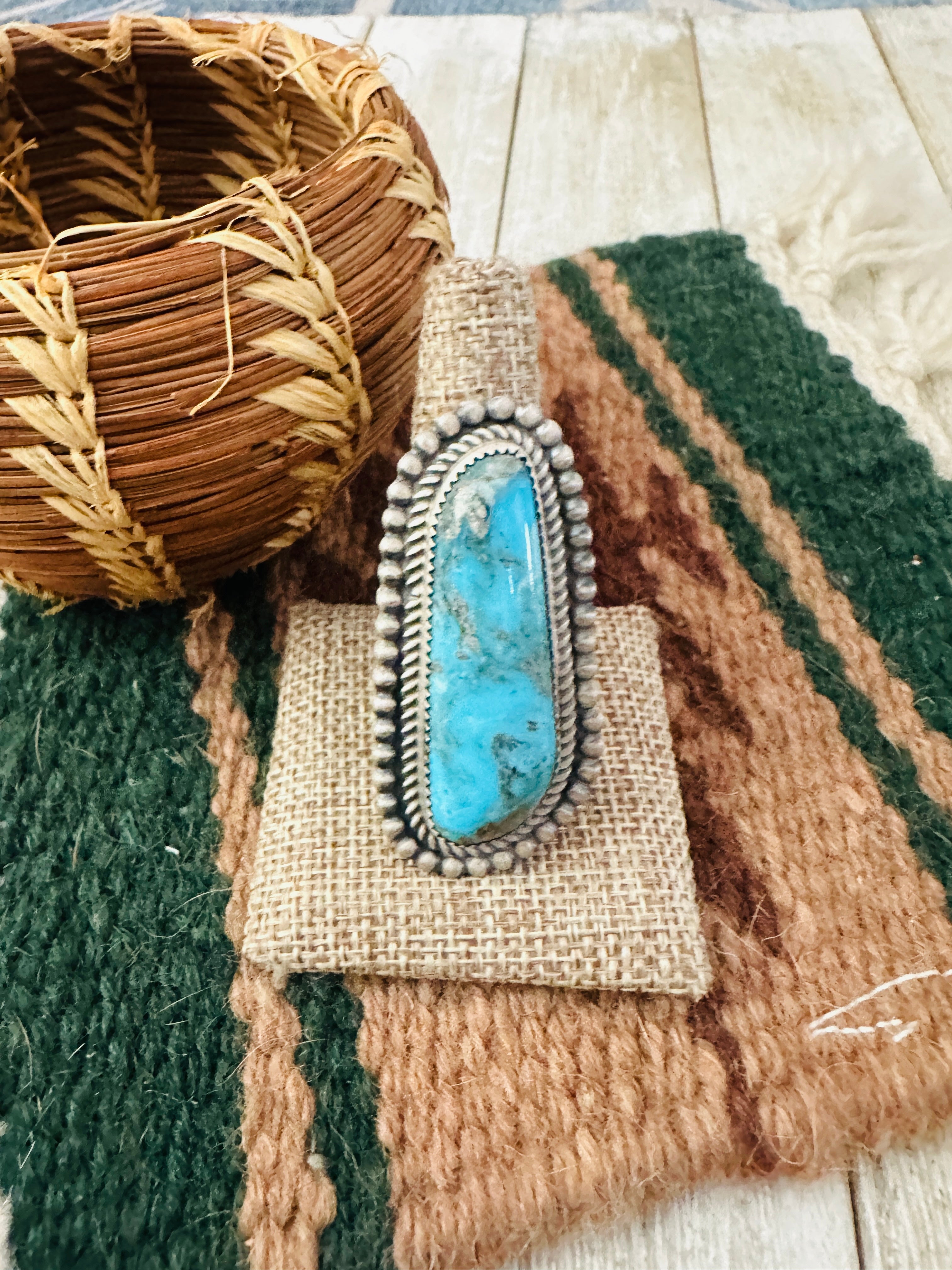 Hand Crafted Turquoise & Sterling Silver Ring Size 10 by Leslie Nez