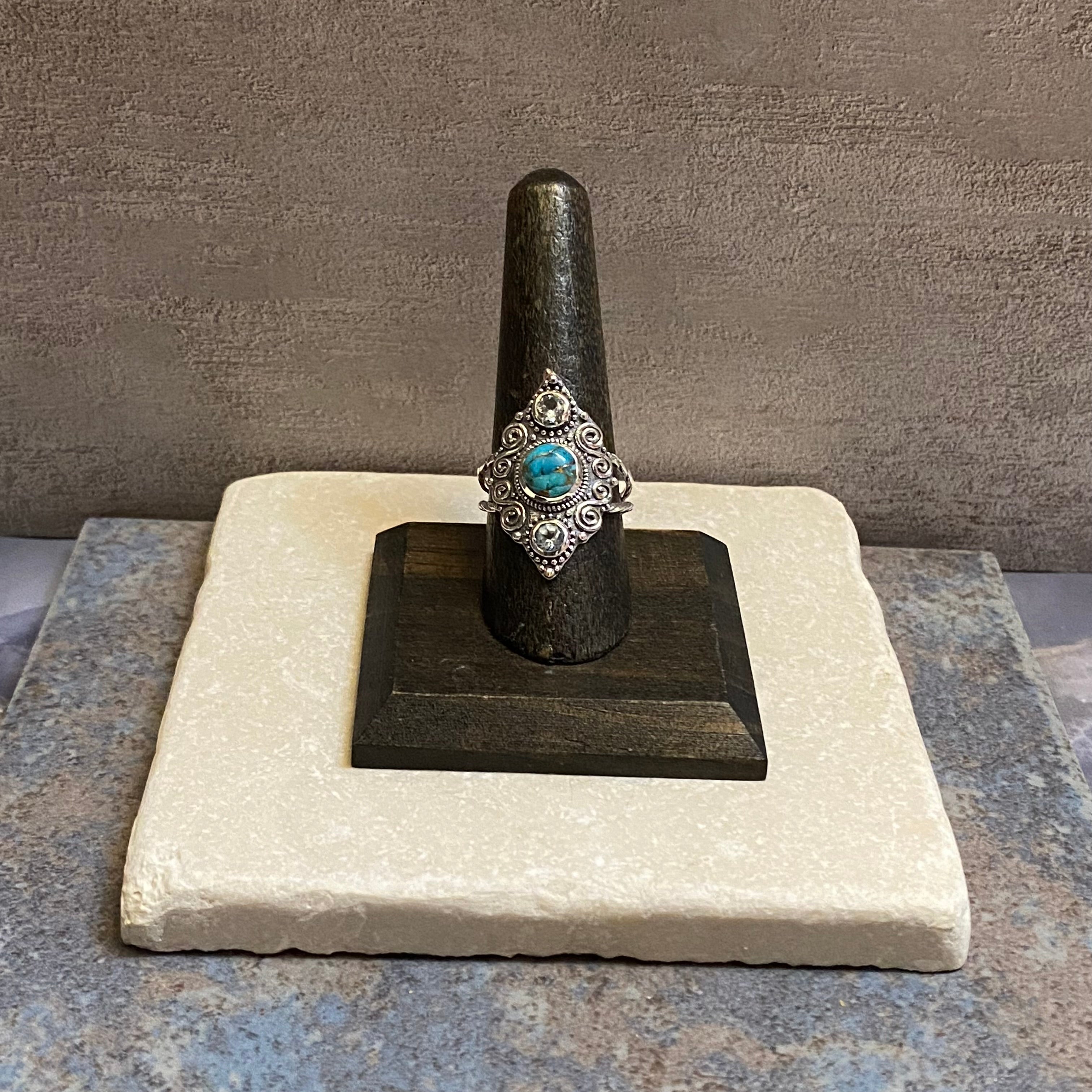 Sterling Silver Etched Copper Turquoise & Blue Topaz Ring Size 8.75