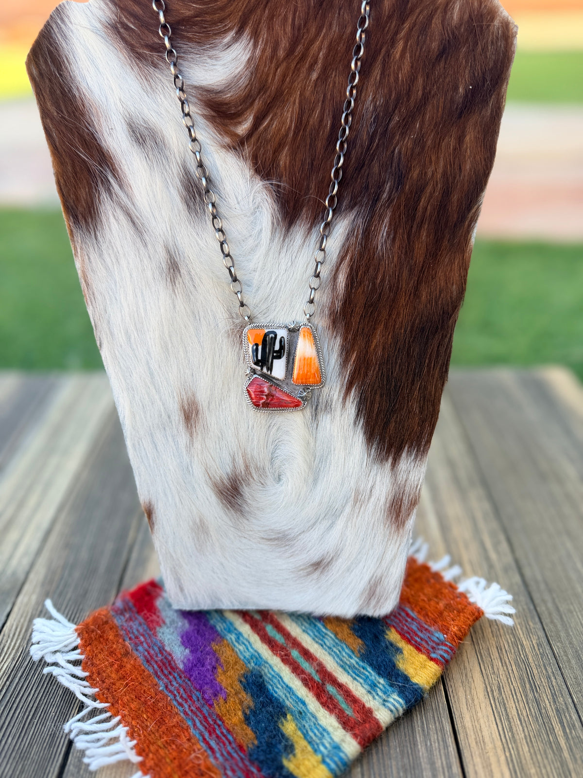Handmade Sterling Silver, Spiny Oyster & Magnesite Painted Cactus Necklace