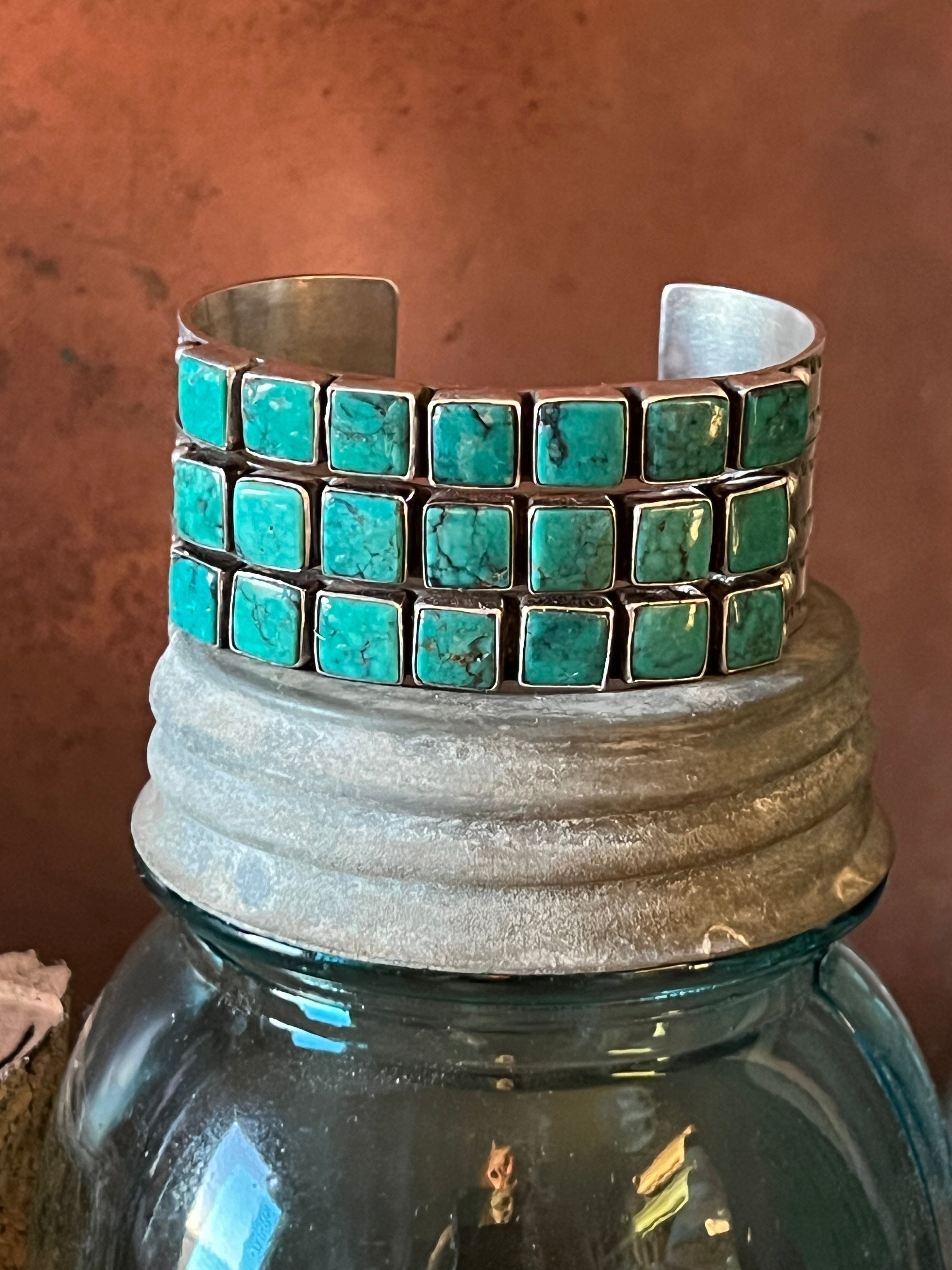 Handcrafted Vintage Sterling Silver and Turquoise Triple Row Square Stone Cuff /