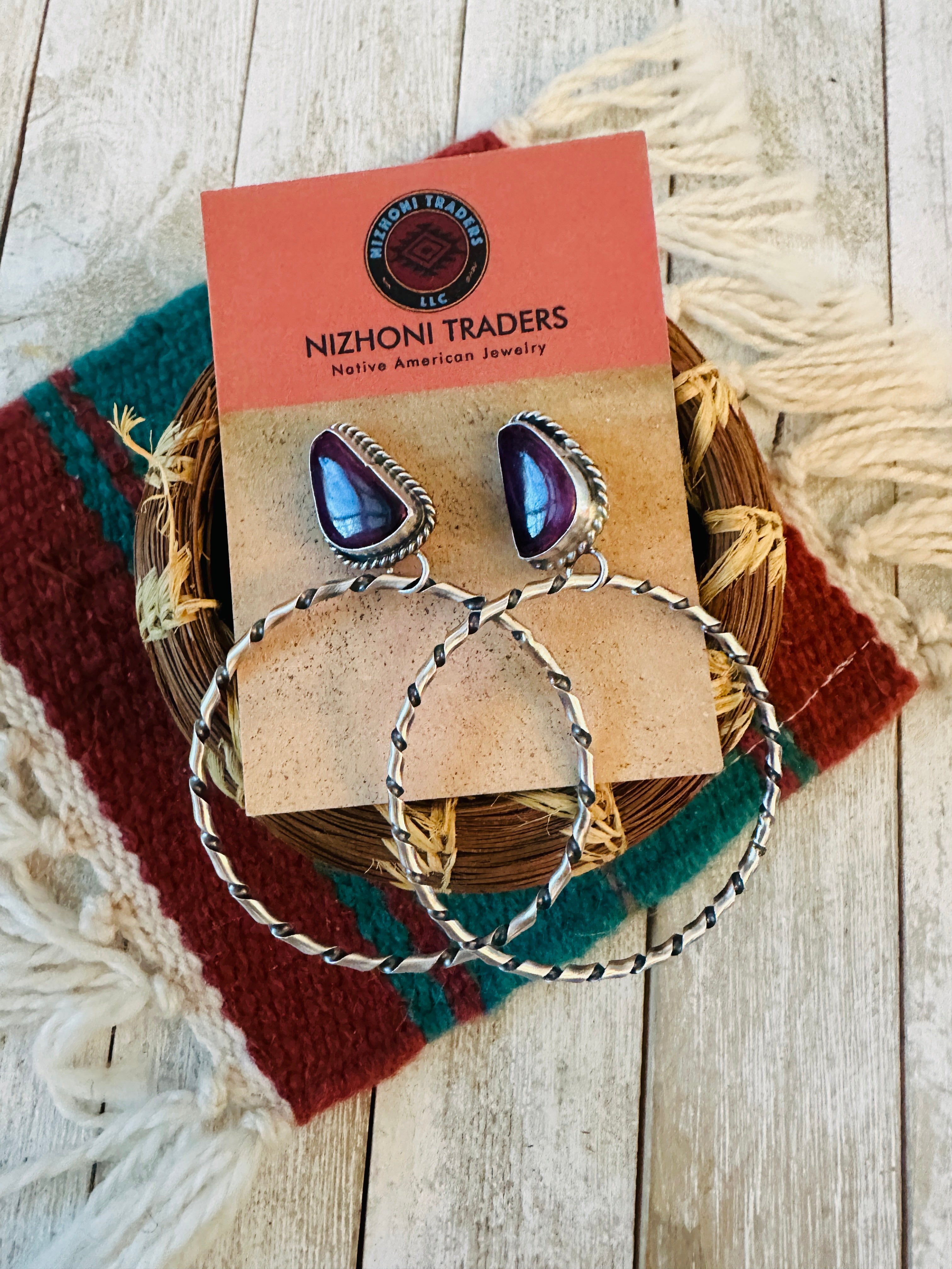 Navajo Purple Spiny and Sterling Silver Dangle Hoop Earrings