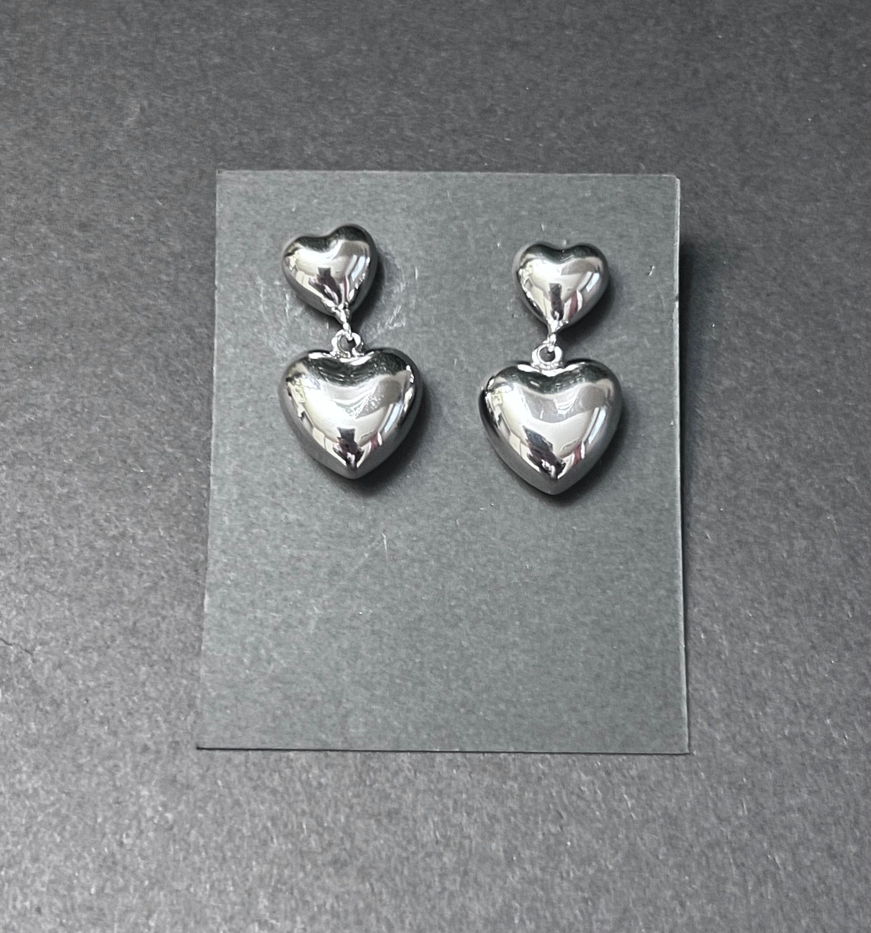Silver Plated Puffy Heart Dangle Post Earrings
