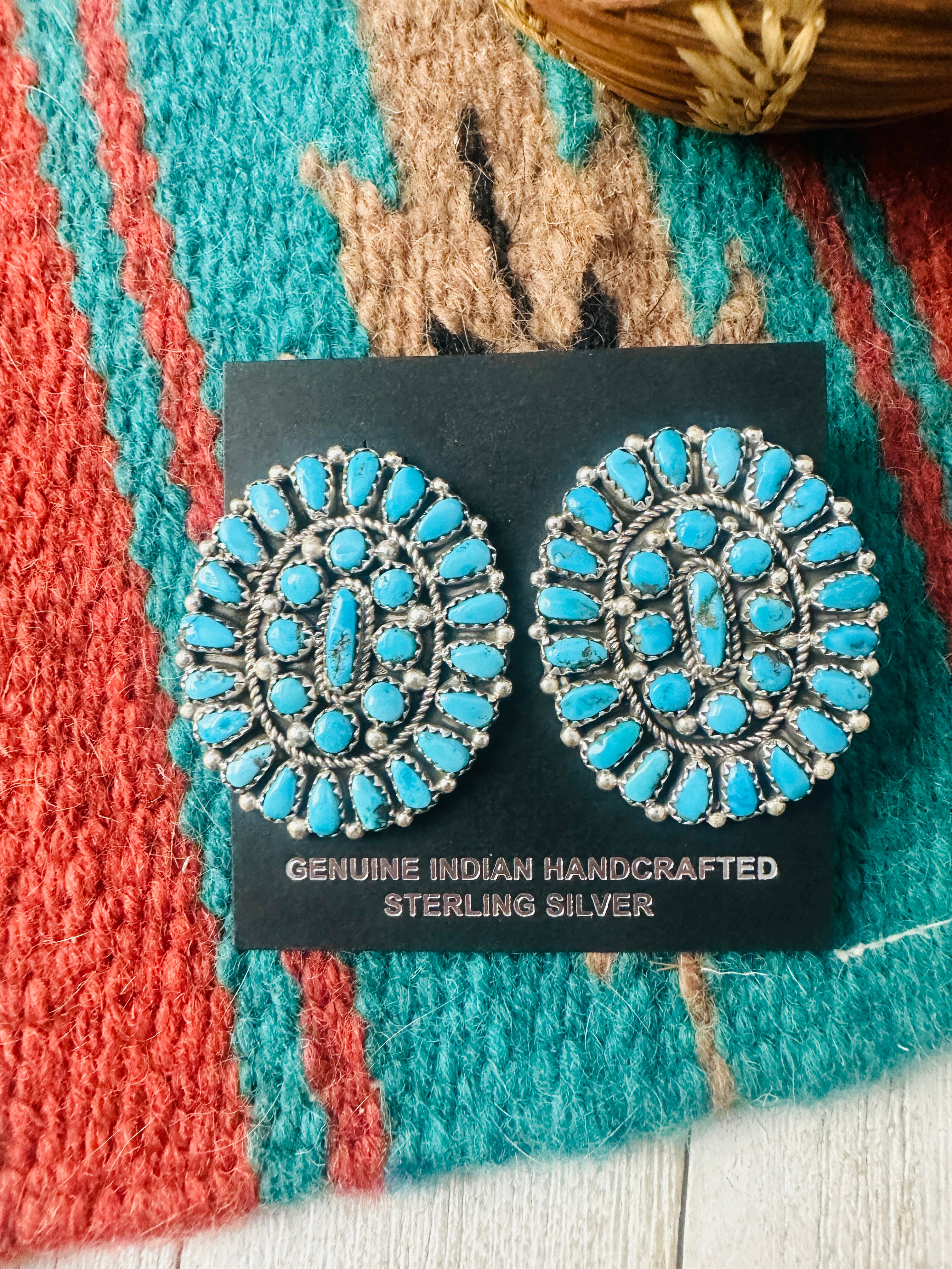 Navajo Sterling Silver & Kingman Turquoise Cluster Post Earrings