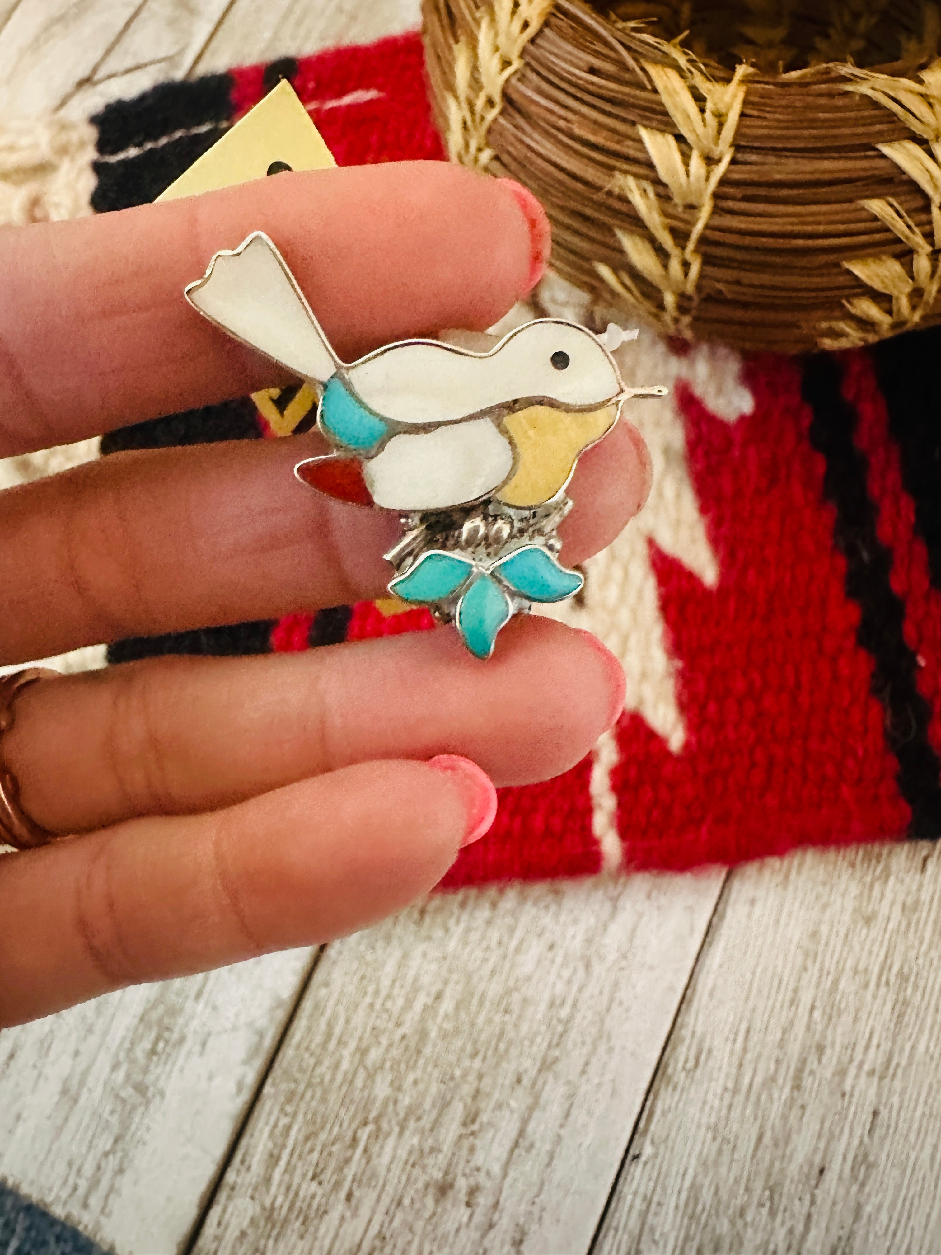 Vintage Old Pawn Multi Stone & Sterling Silver Inlay Bird Brooch/ Pendant