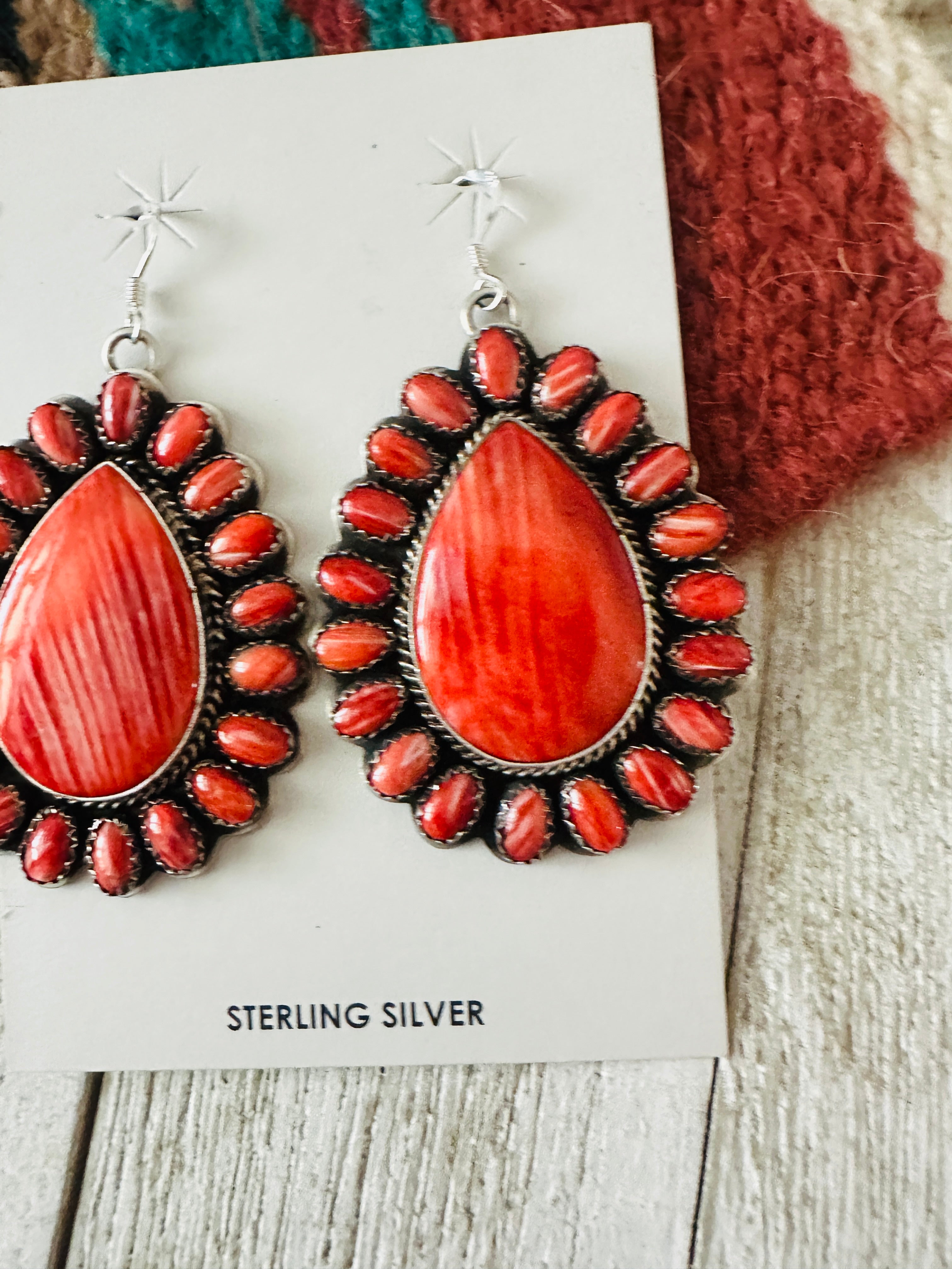 Navajo Sterling Silver & Red Spiny Cluster Dangle Earrings