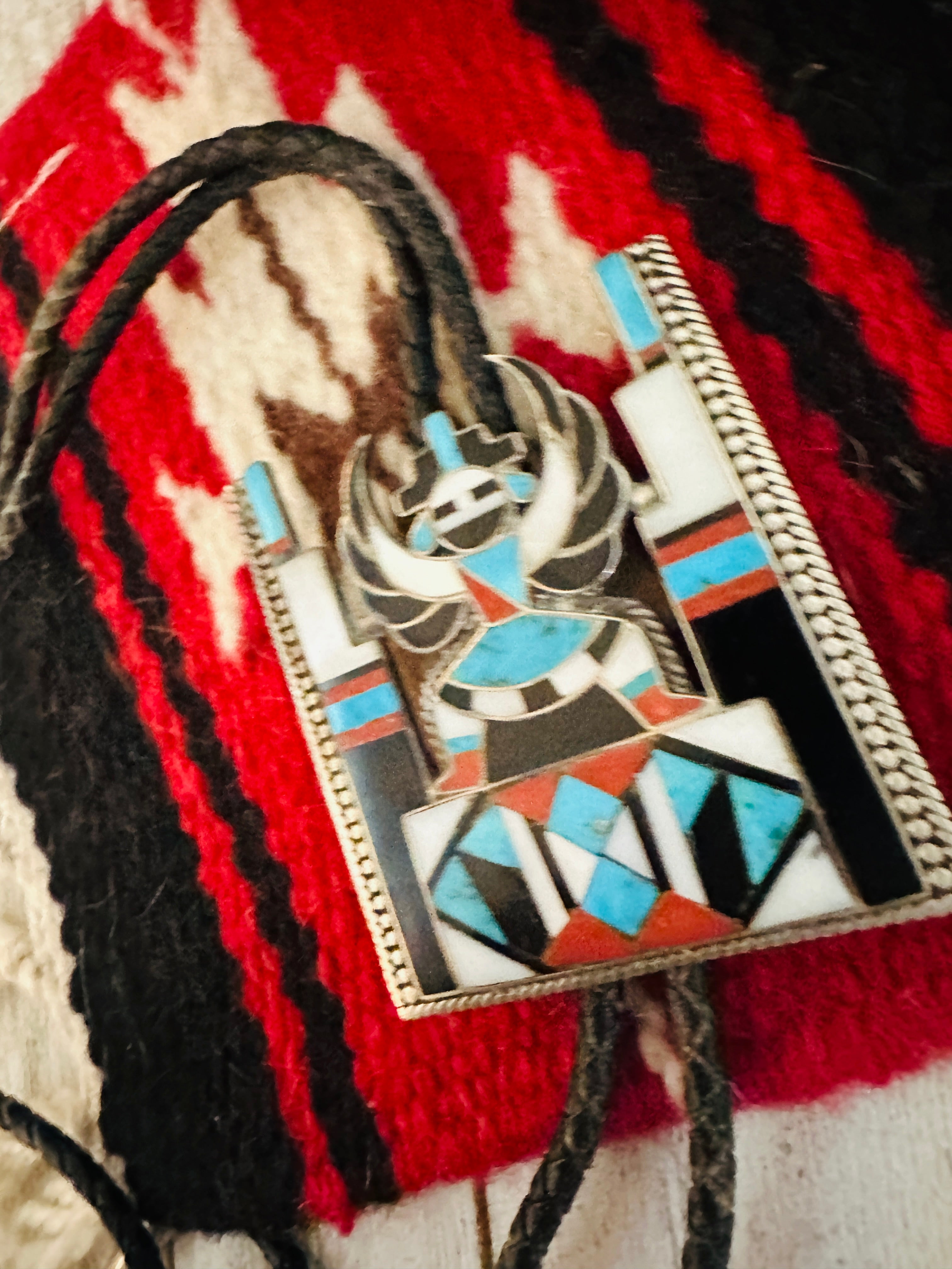 Vintage Old Pawn Zuni Multi Stone & Sterling Silver Inlay Thunderbird Bolo Tie