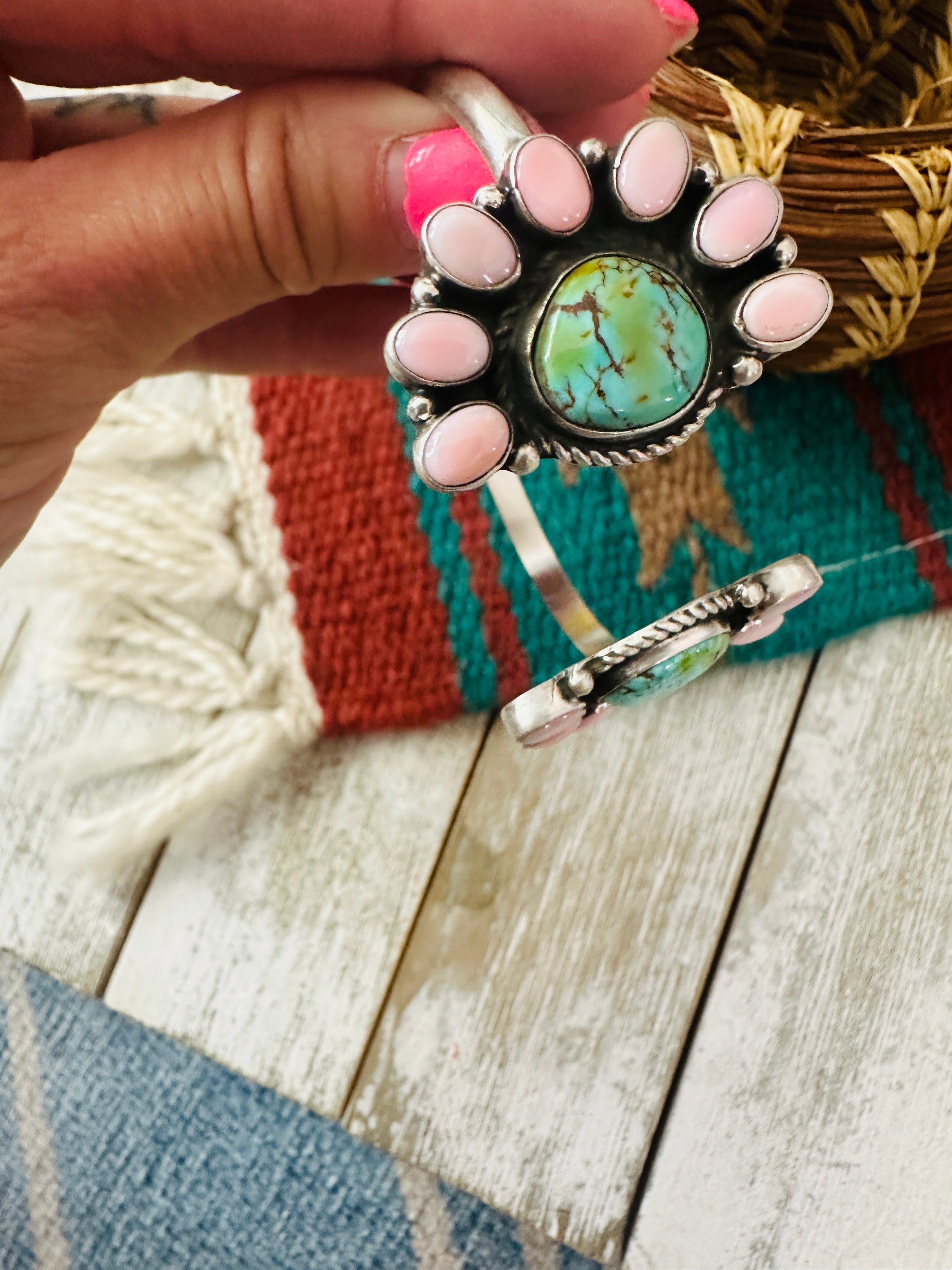 Queen Pink Conch, Turquoise & Sterling Silver Floating Cuff Bracelet /