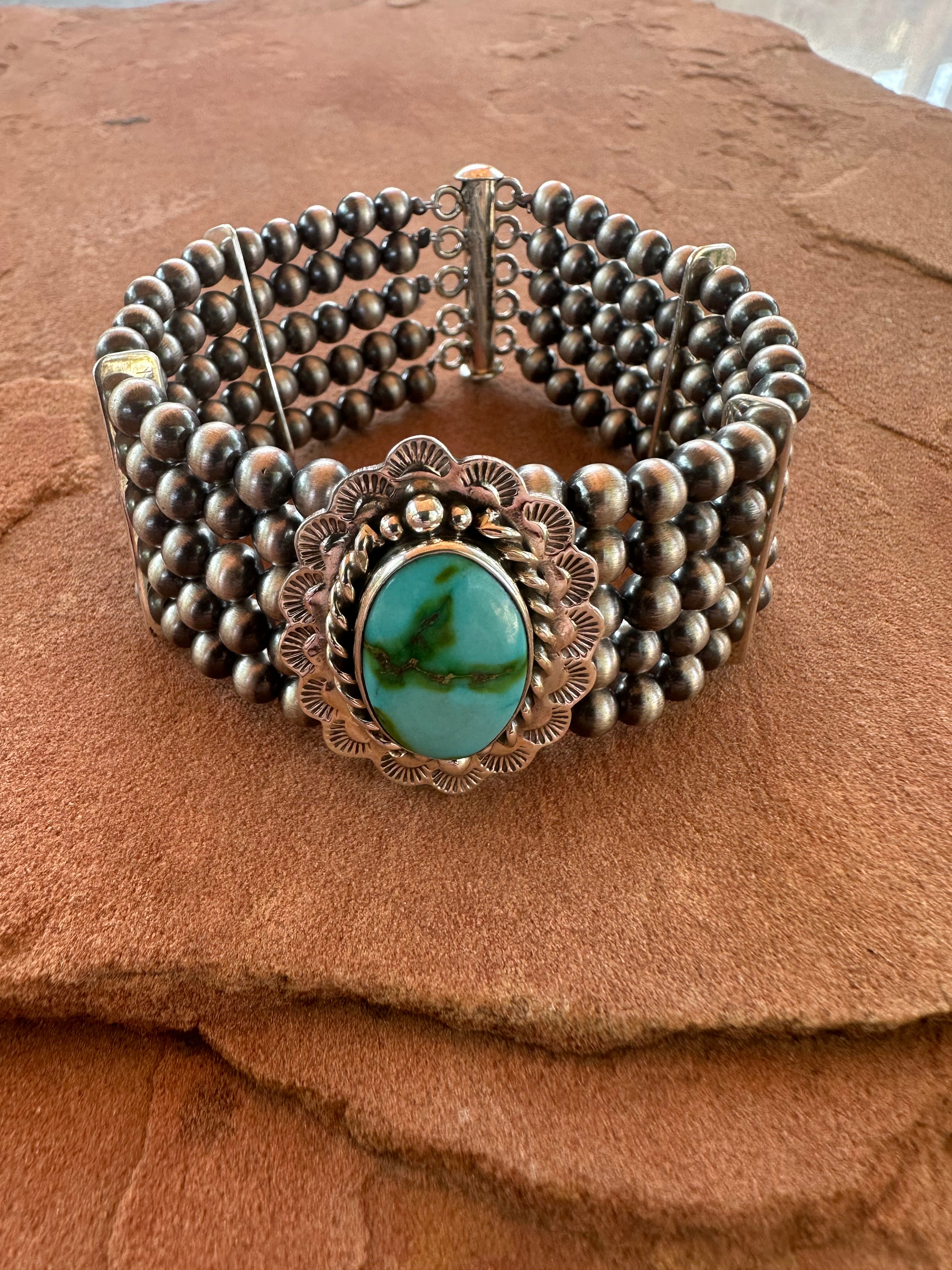 Handmade Sterling Silver & Sonoran Turquoise Beaded Navajo Pearl Style Bracelet