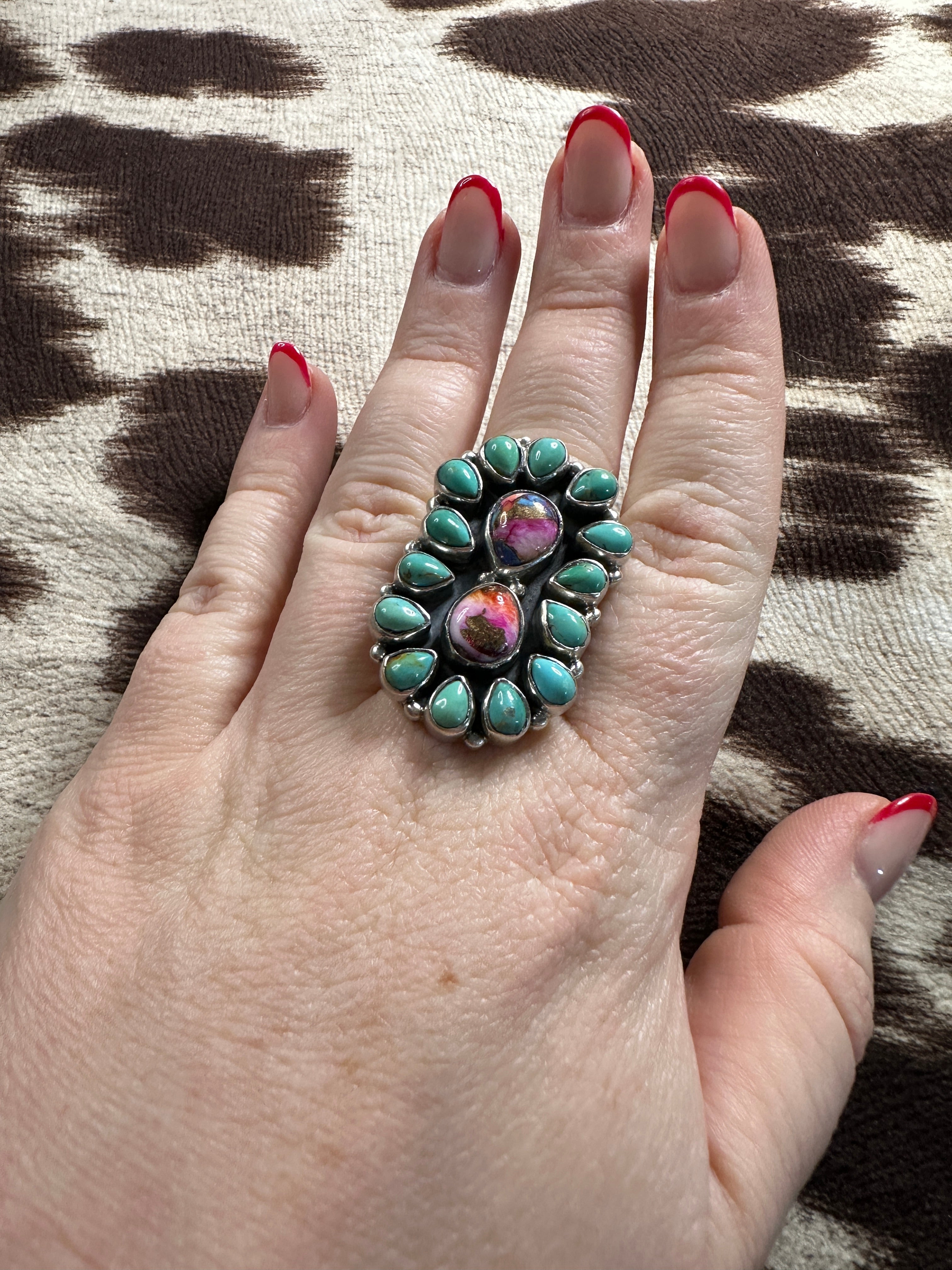 Beautiful Handmade Turquoise, Pink Dream Mojave And Sterling Silver Adjustable Ring