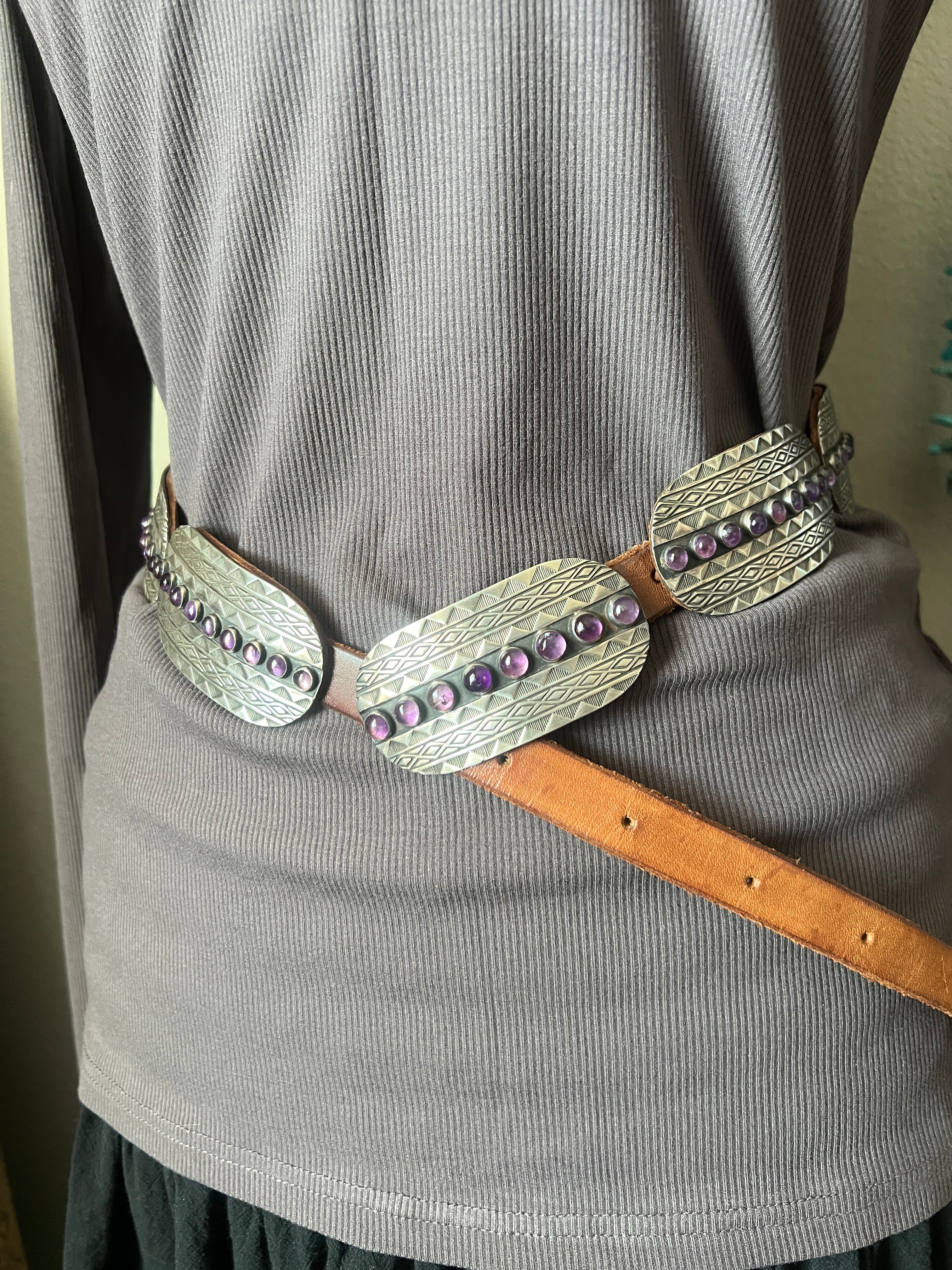 Vintage Bohemian Beaded Belt with Silver Concho Accents 67\