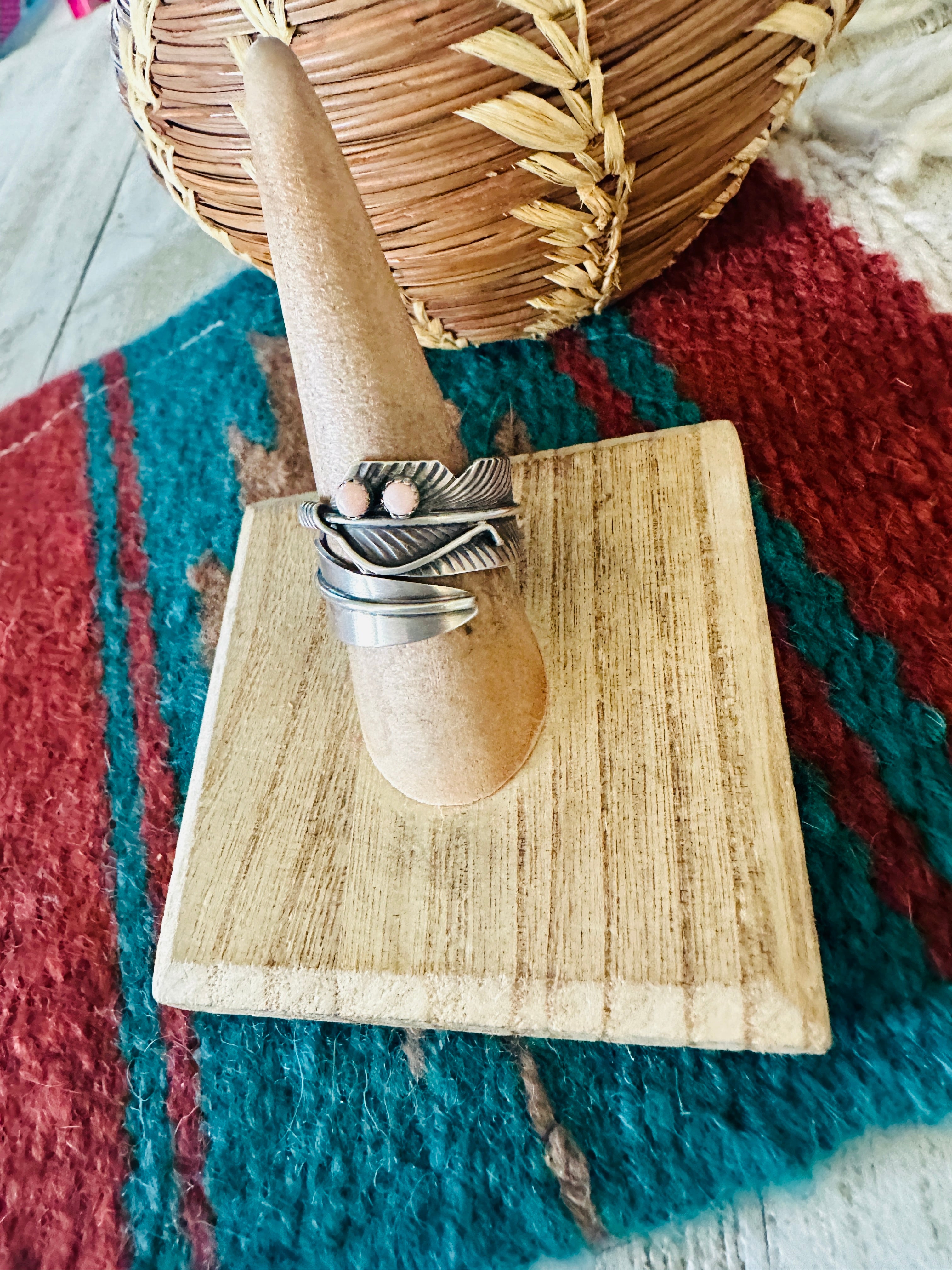 Navajo Sterling Silver & Queen Pink Conch Feather Adjustable Ring