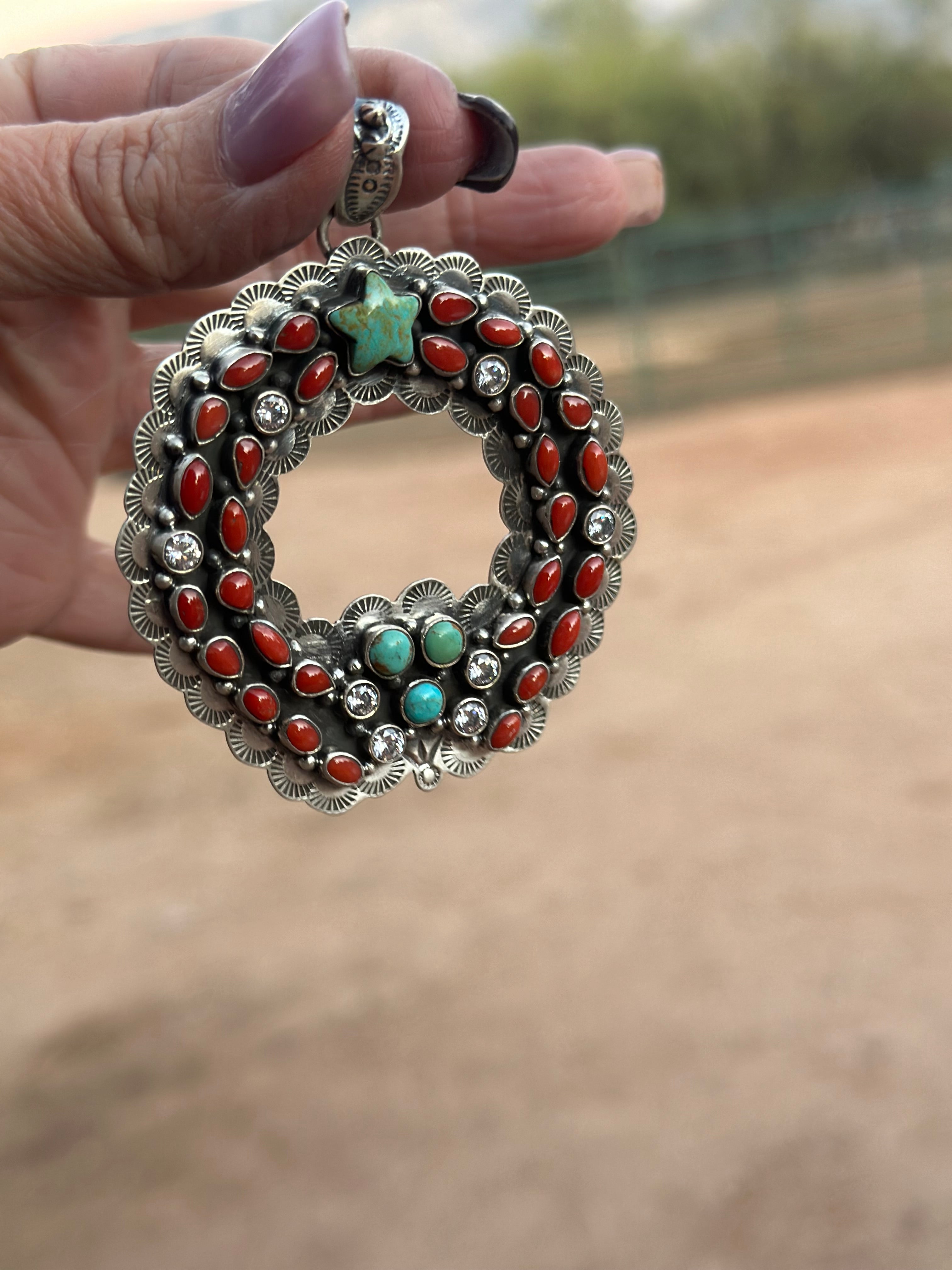 Handmade Sterling Silver, Coral & Kingman Turquoise Christmas Wreath Pendant