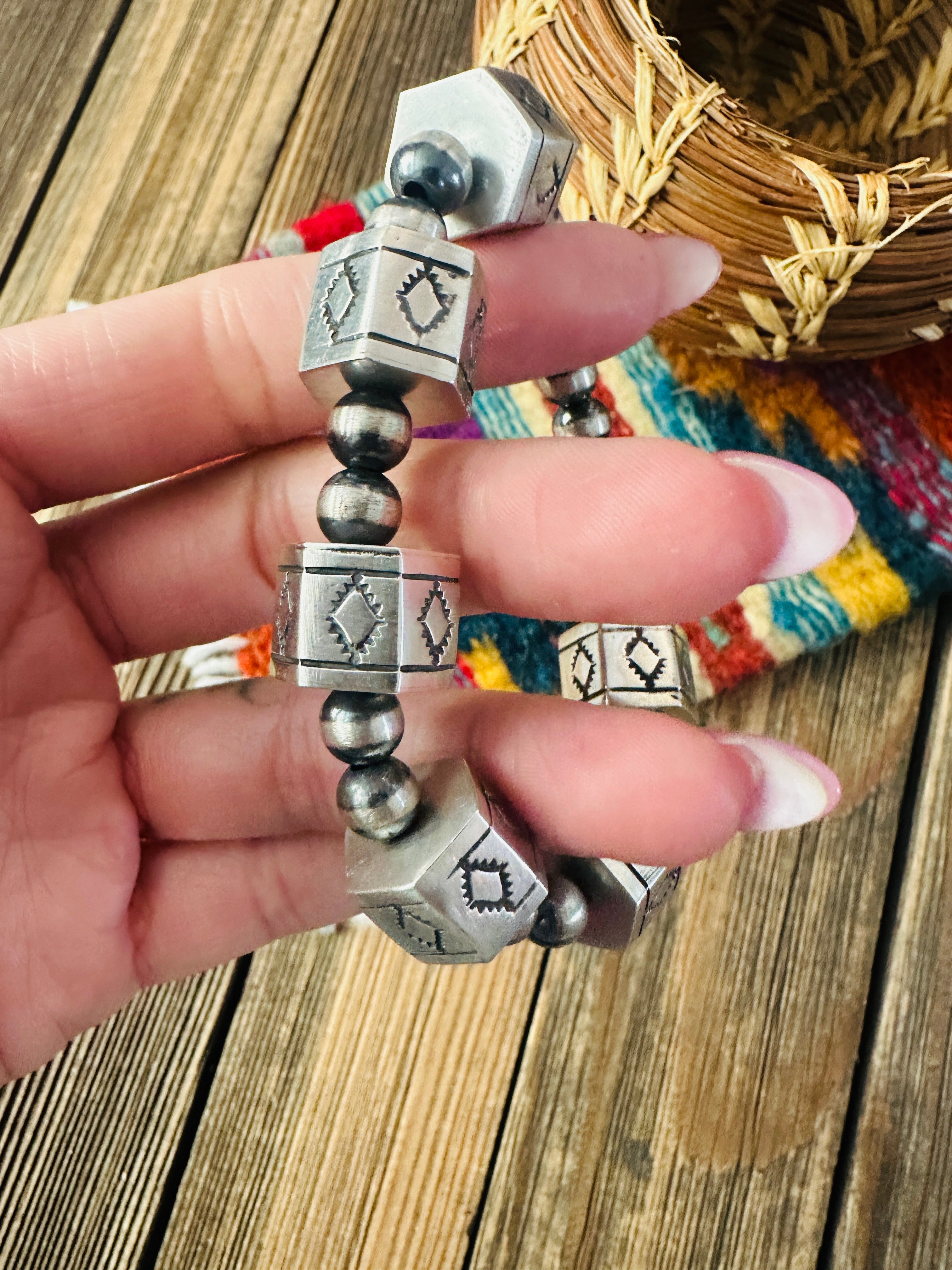 Hand Stamped Sterling Silver Pearl Beaded Stretch Bracelet