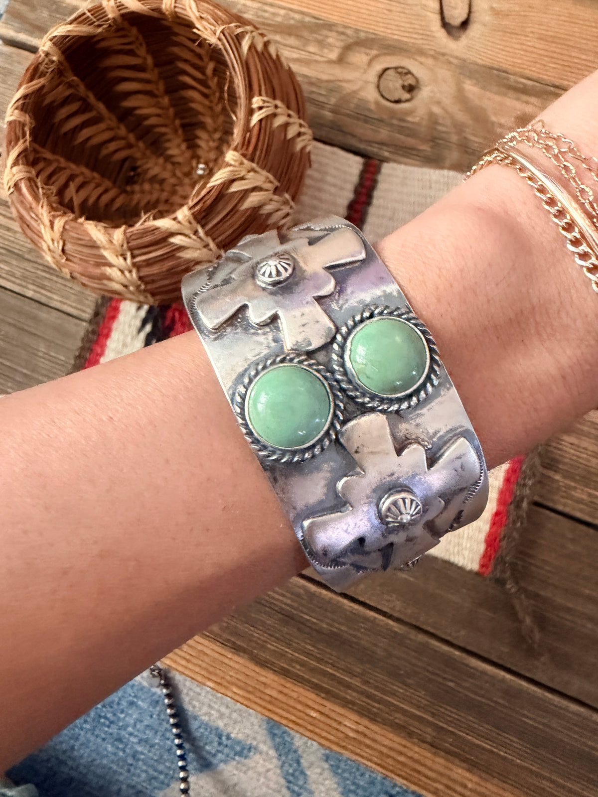 Handcrafted Turquoise & Sterling Silver Cross Cuff Bracelet by Larry Kaye