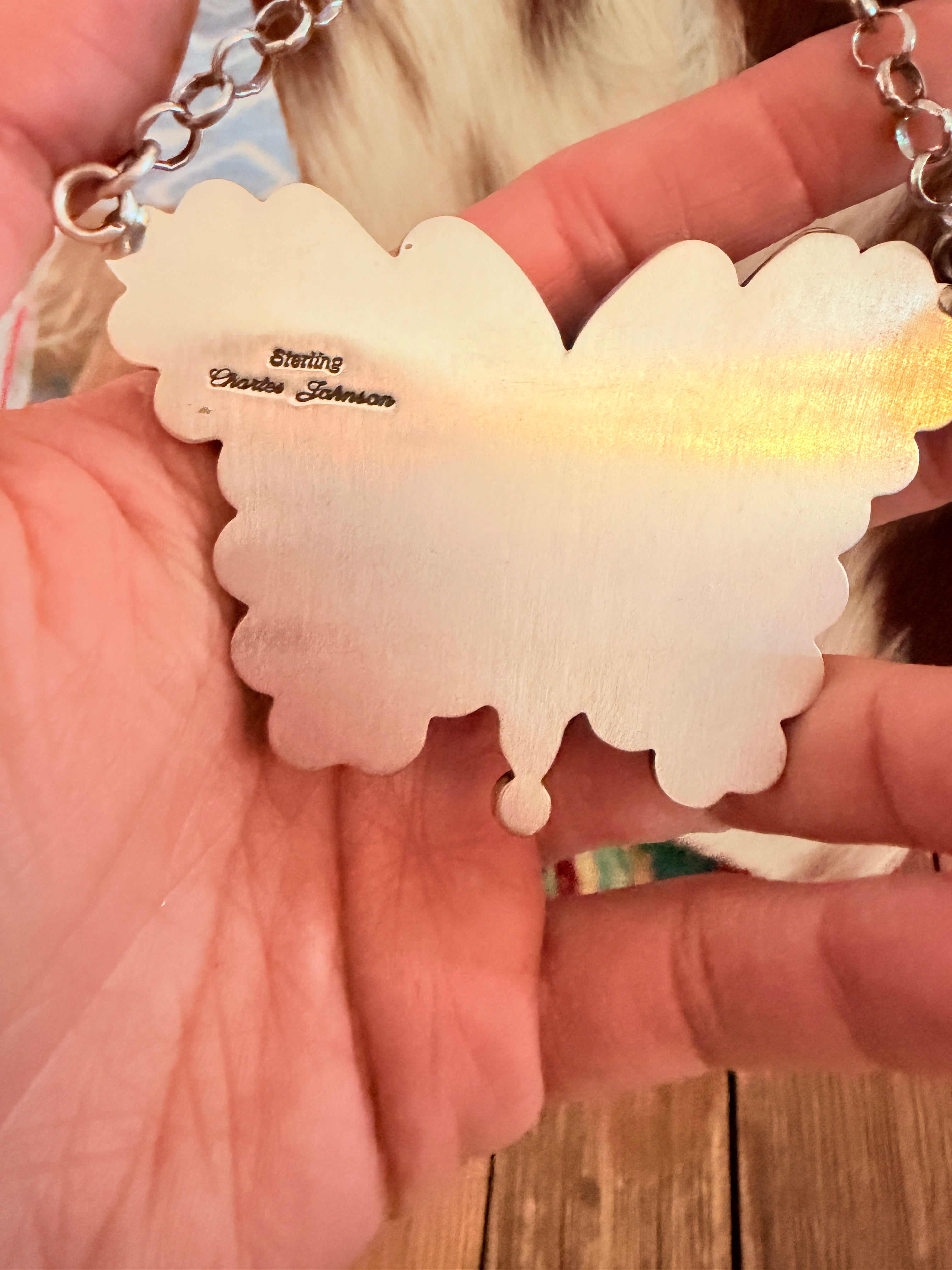 Handcrafted Spiny Oyster & Sterling Silver Butterfly Necklace by Charles Johnson