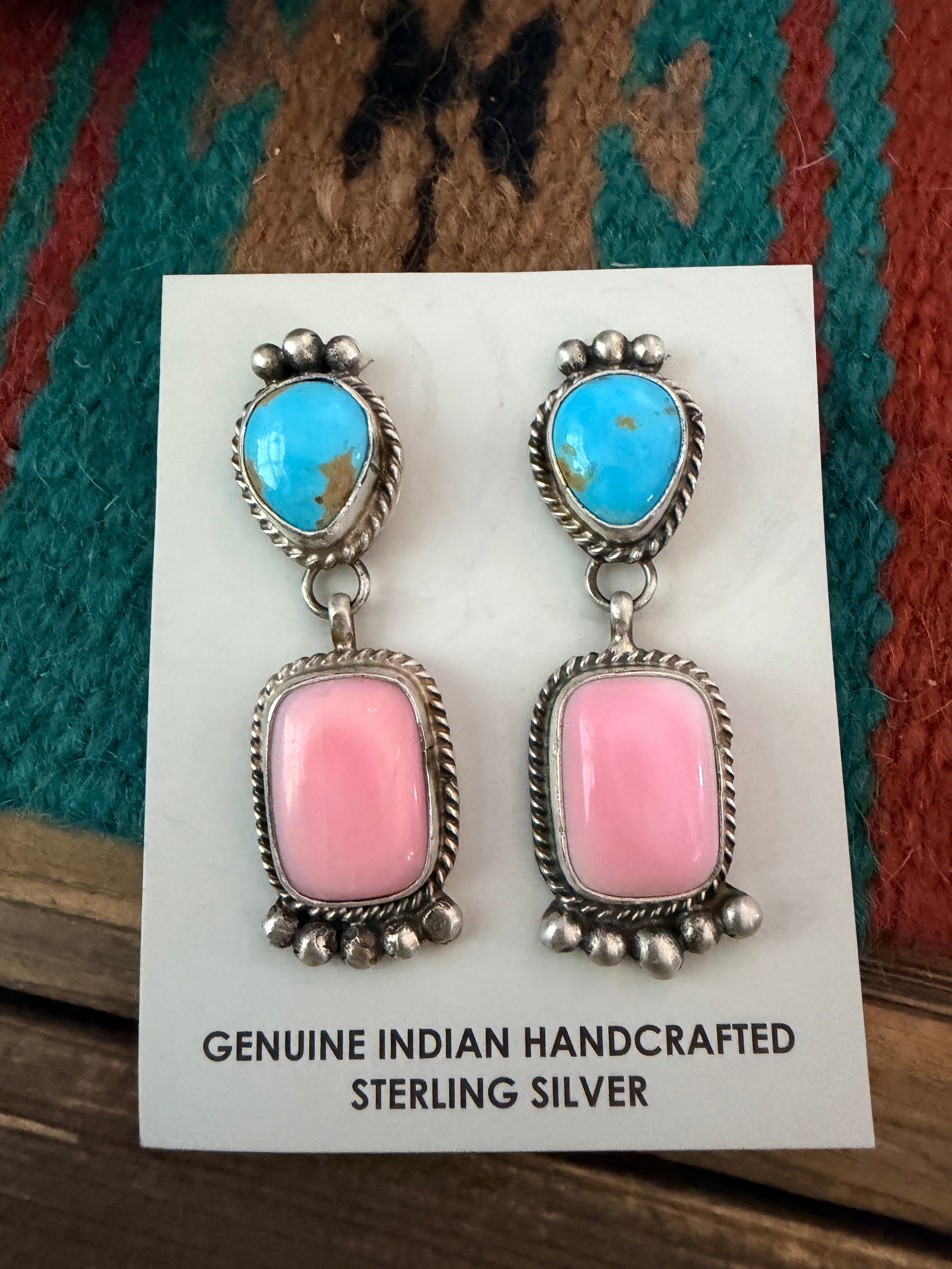 Handcrafted Sterling Silver, Turquoise & Queen Pink Conch Dangle Earrings by Vicky Hicks