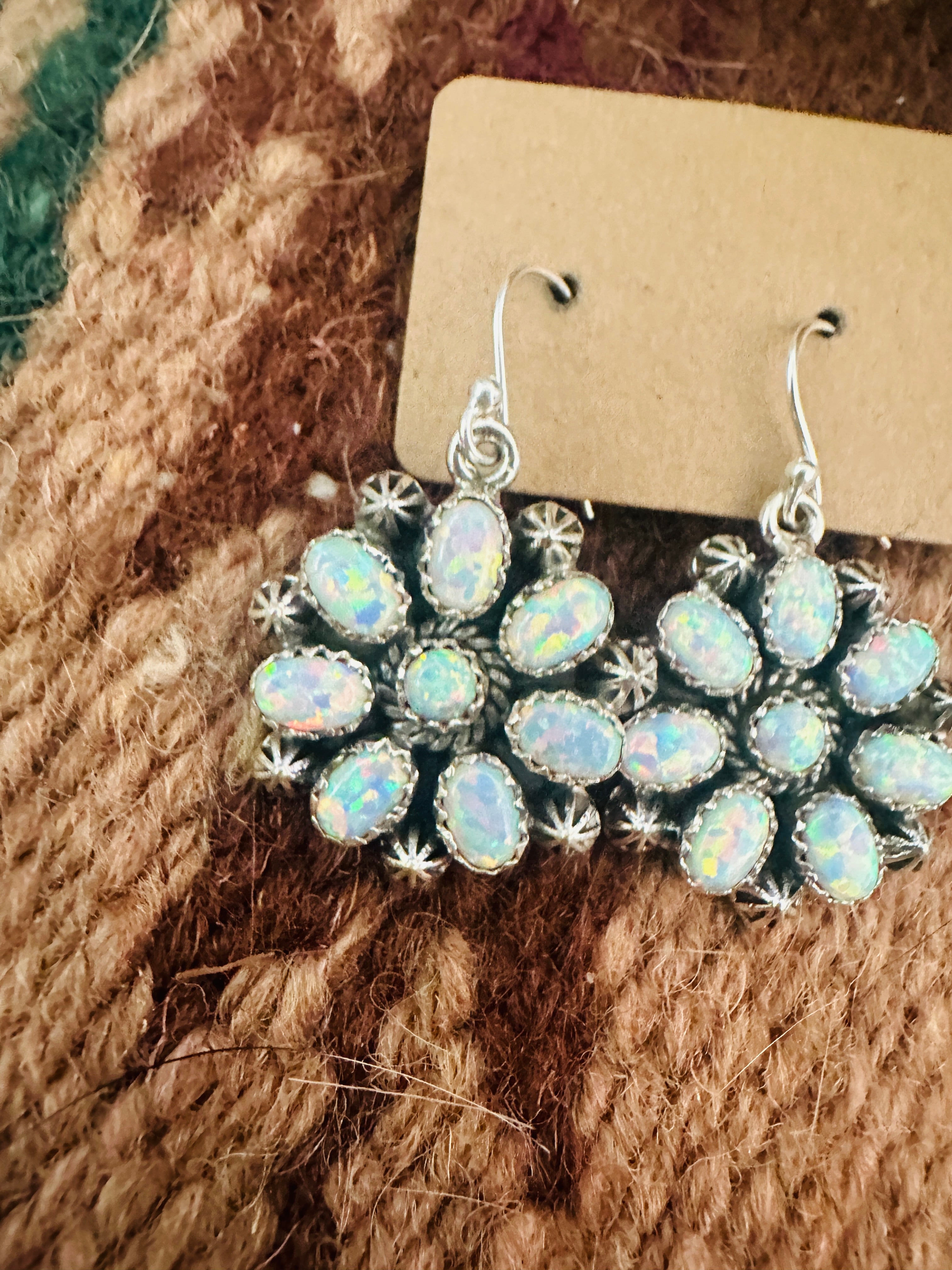 Handmade White Opal & Sterling Silver Cluster Dangle Earrings