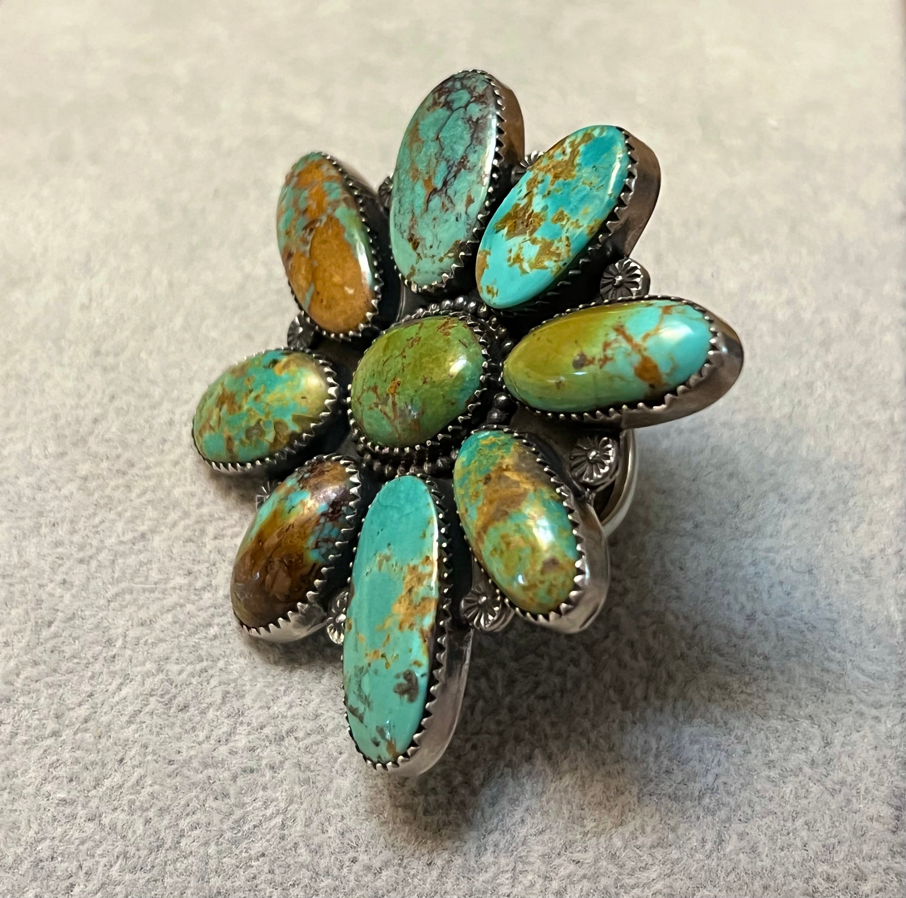 Handmade Sterling Silver & Mantis Turquoise Flower Cluster Adjustable Statement Ring