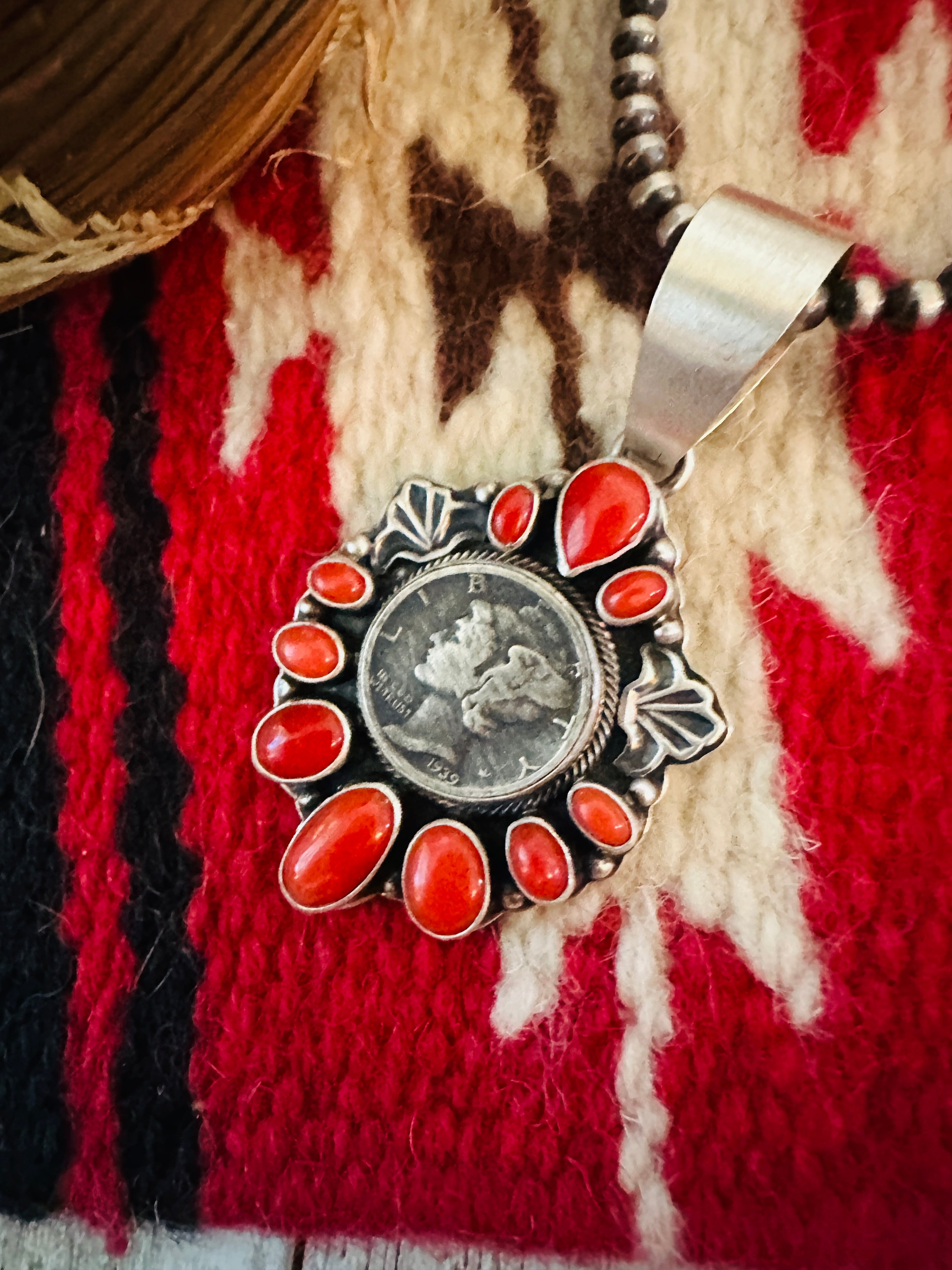 Handcrafted Sterling Silver and Coral Liberty Coin Pendant by Randy Boyd