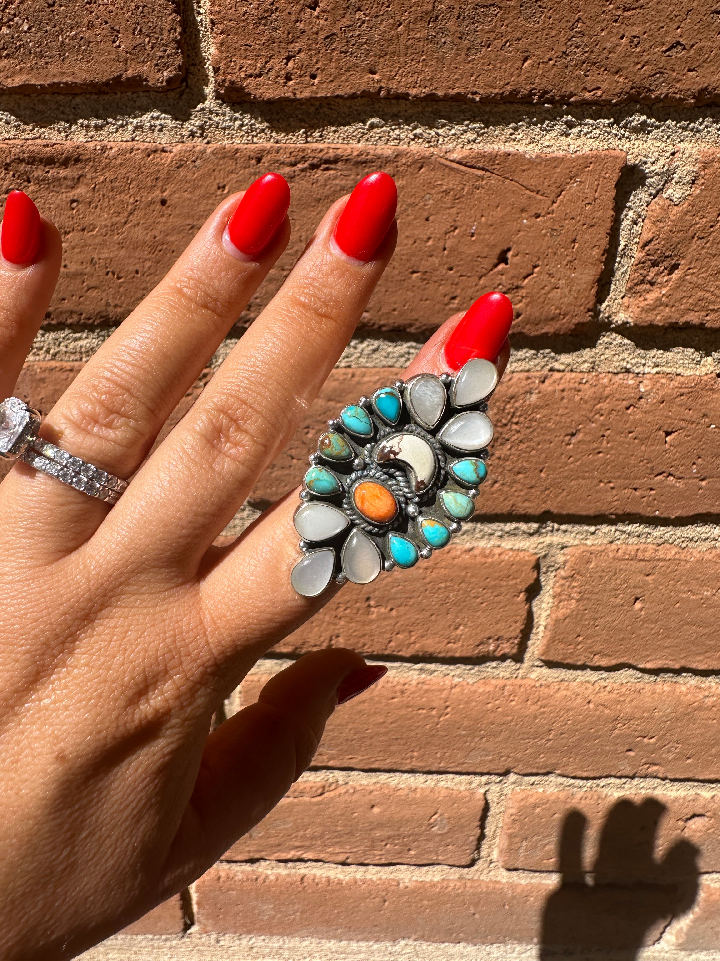 Beautiful Handmade Mother of Pearl, Turquoise, Wild Horse, Orange Spiny And Sterling Silver Adjustable Ring