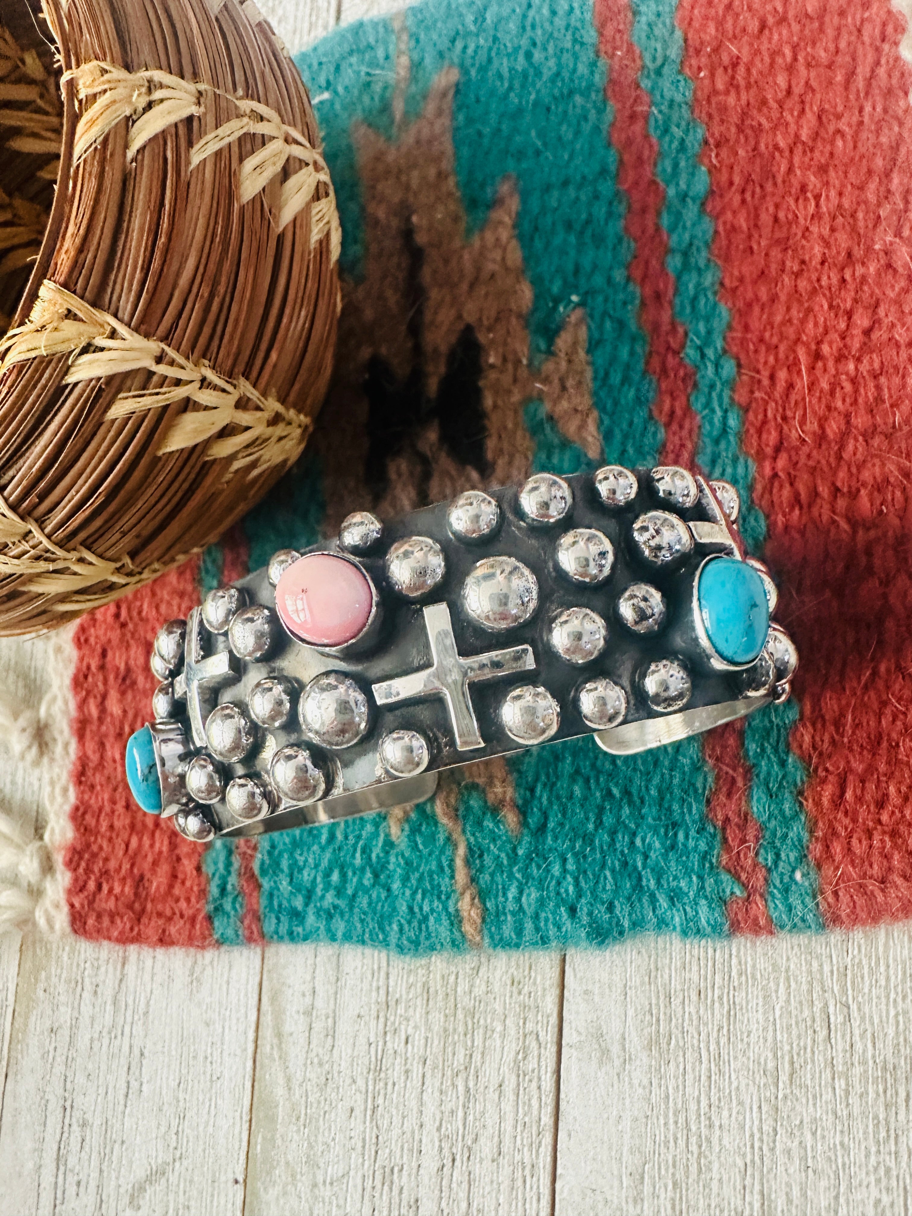 Navajo Turquoise, Queen Pink Conch & Sterling Silver Cross Cuff Bracelet By Chimney Butte