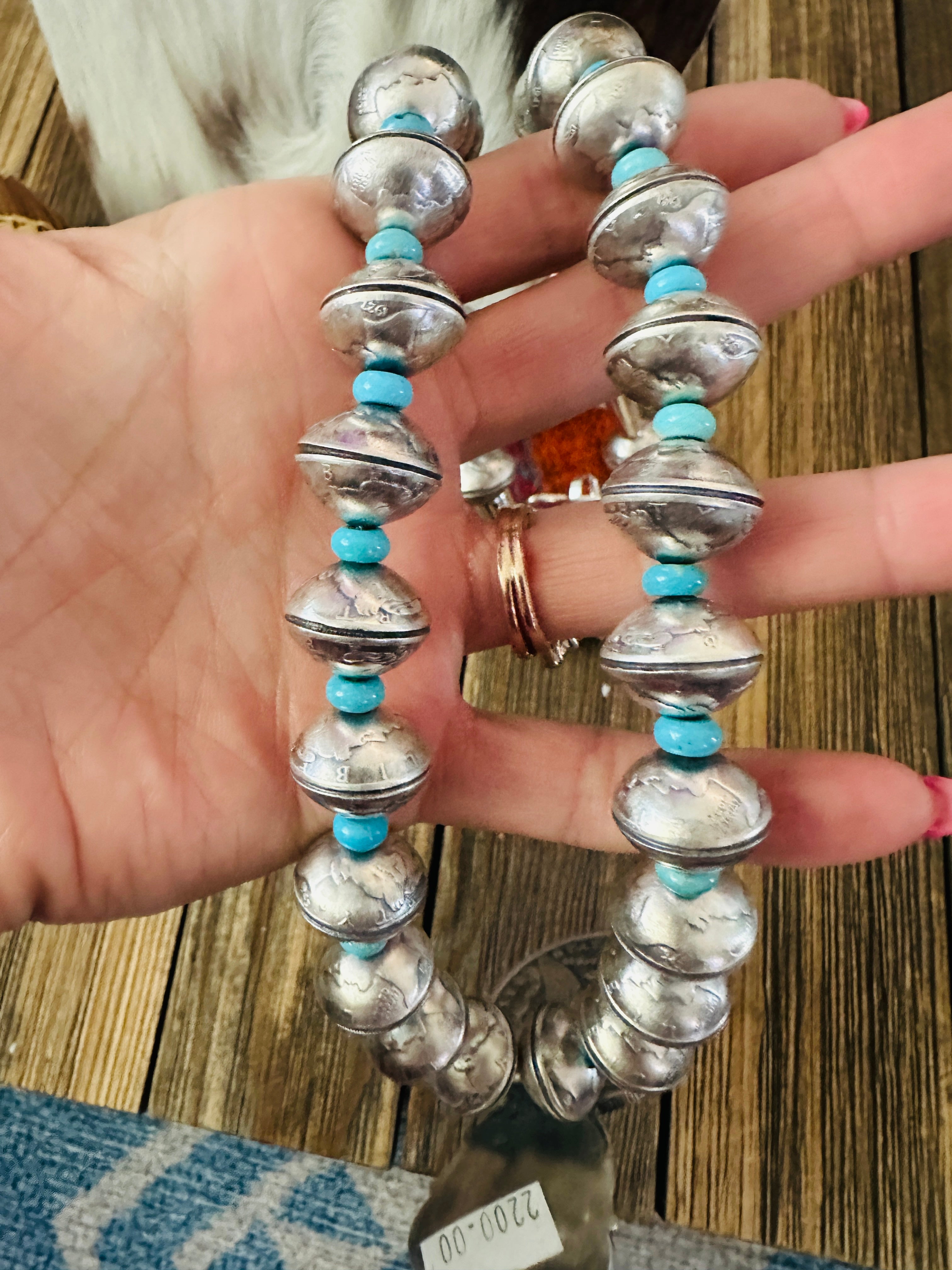 Handcrafted Turquoise & Sterling Silver Liberty Coin Beaded Necklace by James McCabe