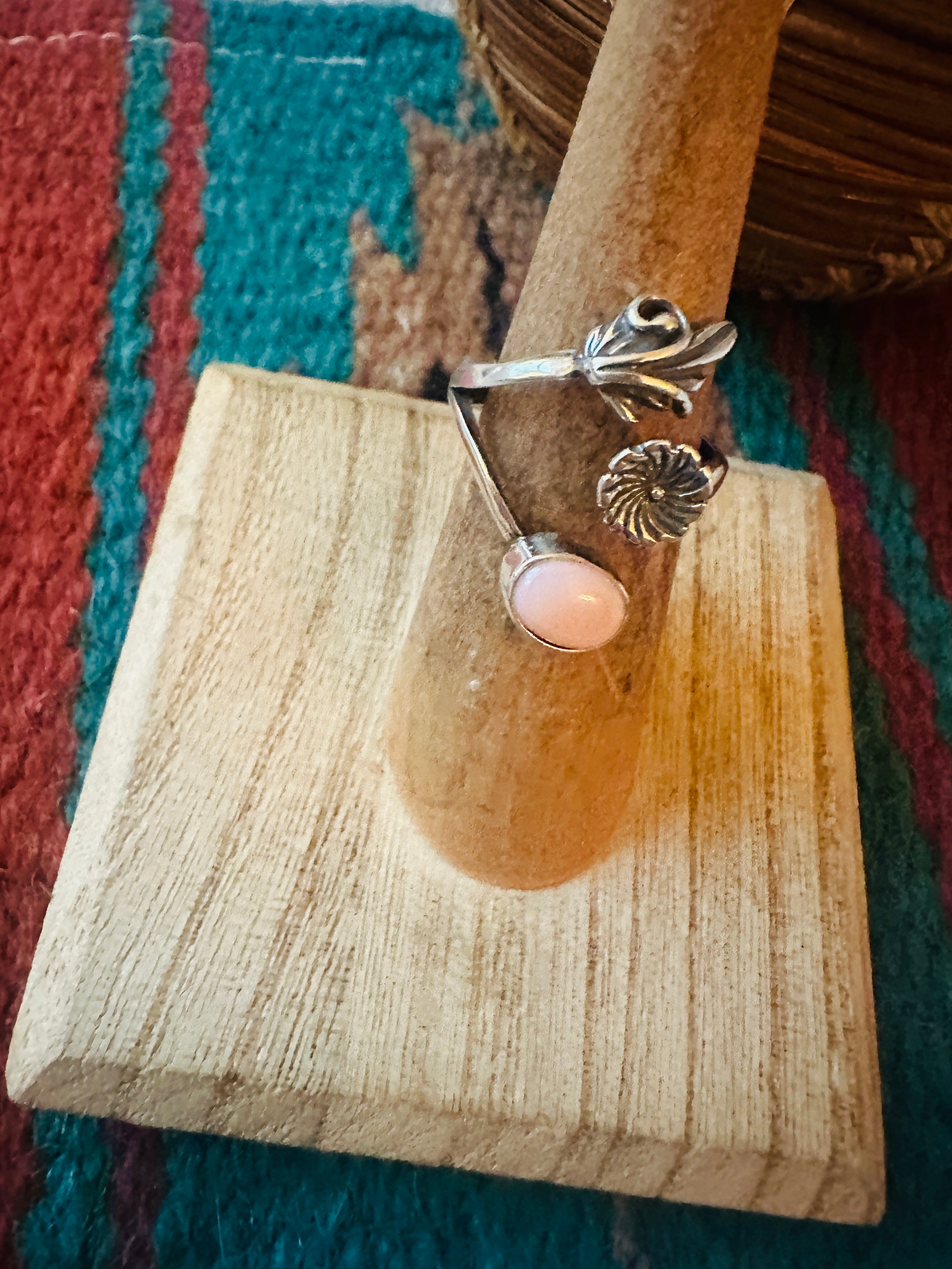 Navajo Sterling Silver & Queen Pink Conch Flower Adjustable Ring