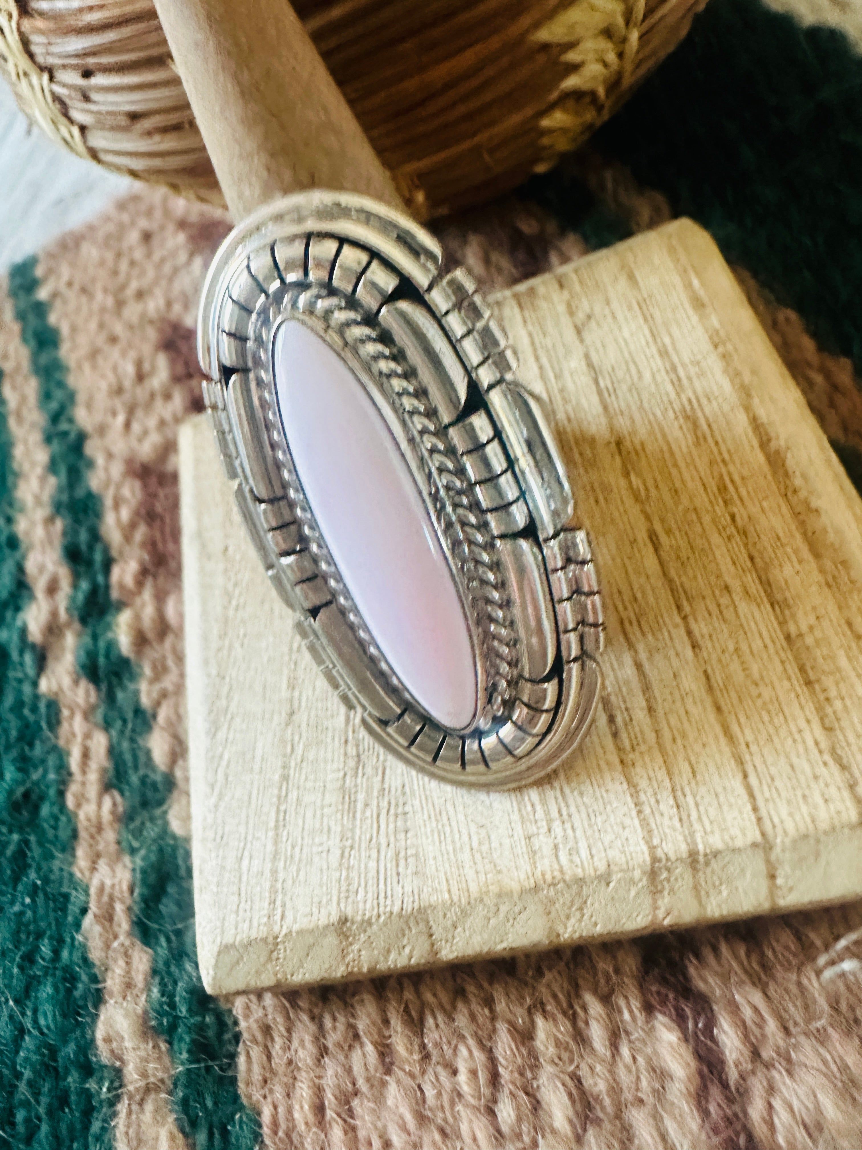 Navajo Sterling Silver & Queen Pink Conch Adjustable Ring